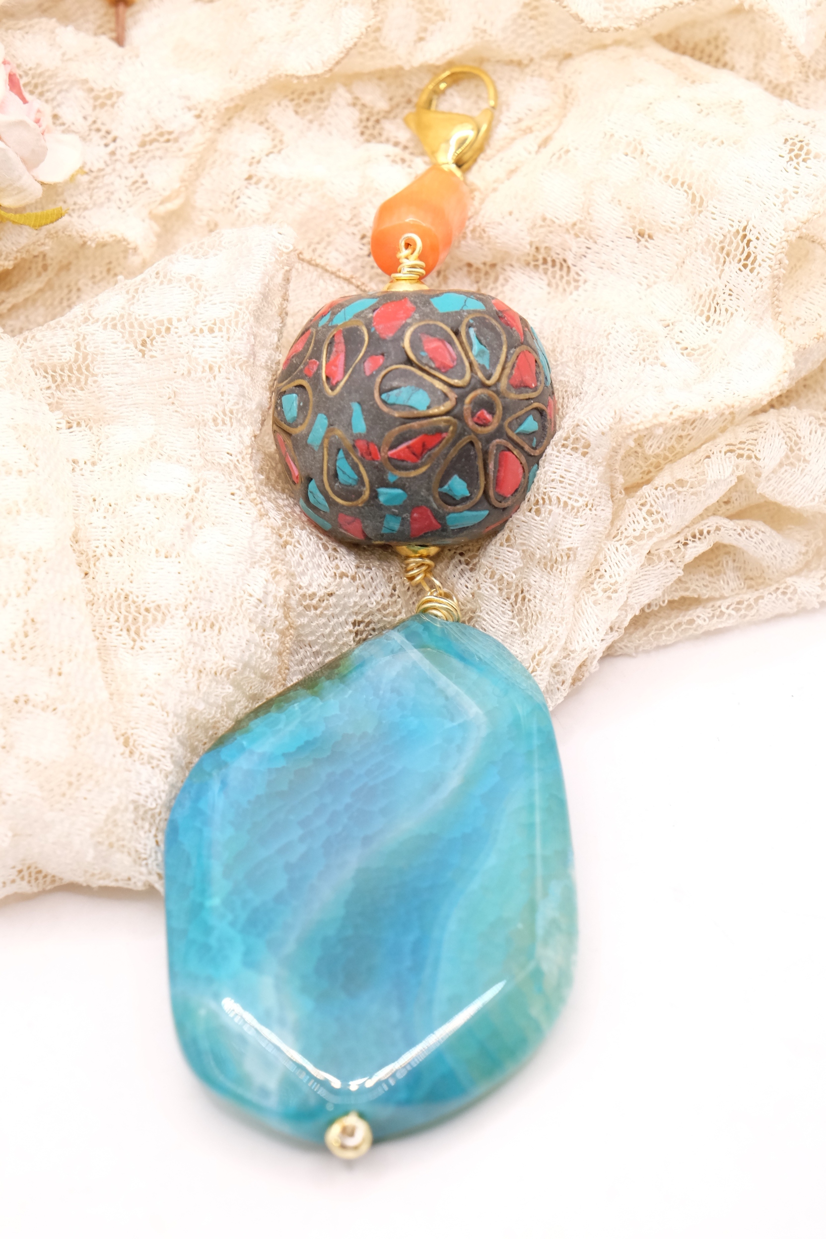 PENDENTE NEPALESE CORALLO TURCHESE AGATA BLU BAMBOO (5)