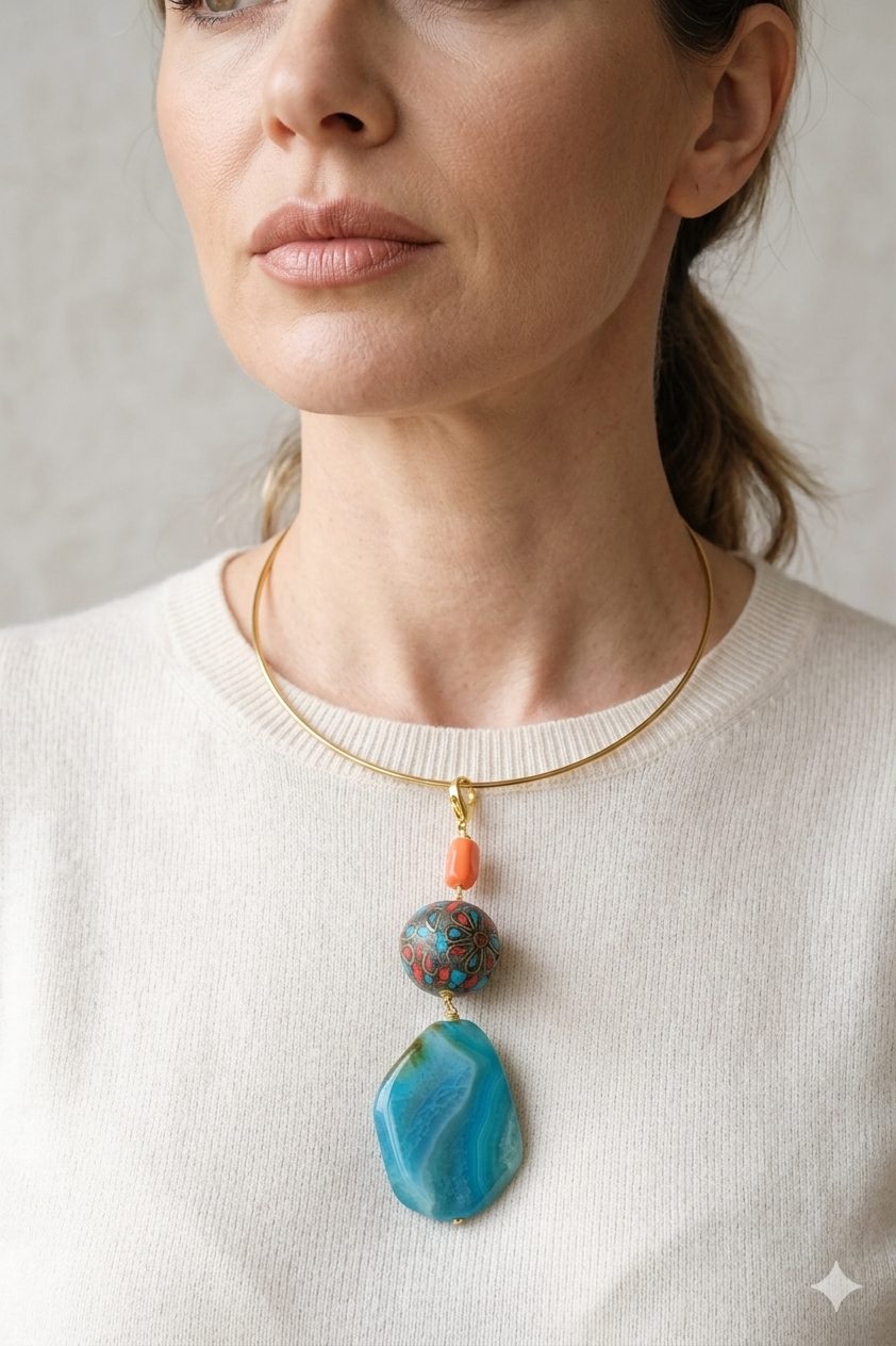 PENDENTE NEPALESE CORALLO TURCHESE AGATA BLU BAMBOO