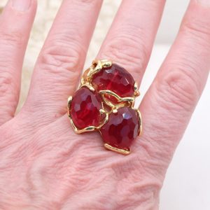 Anello Maxi 3 Pietre Occhio di Gatto Borgogna Ottone