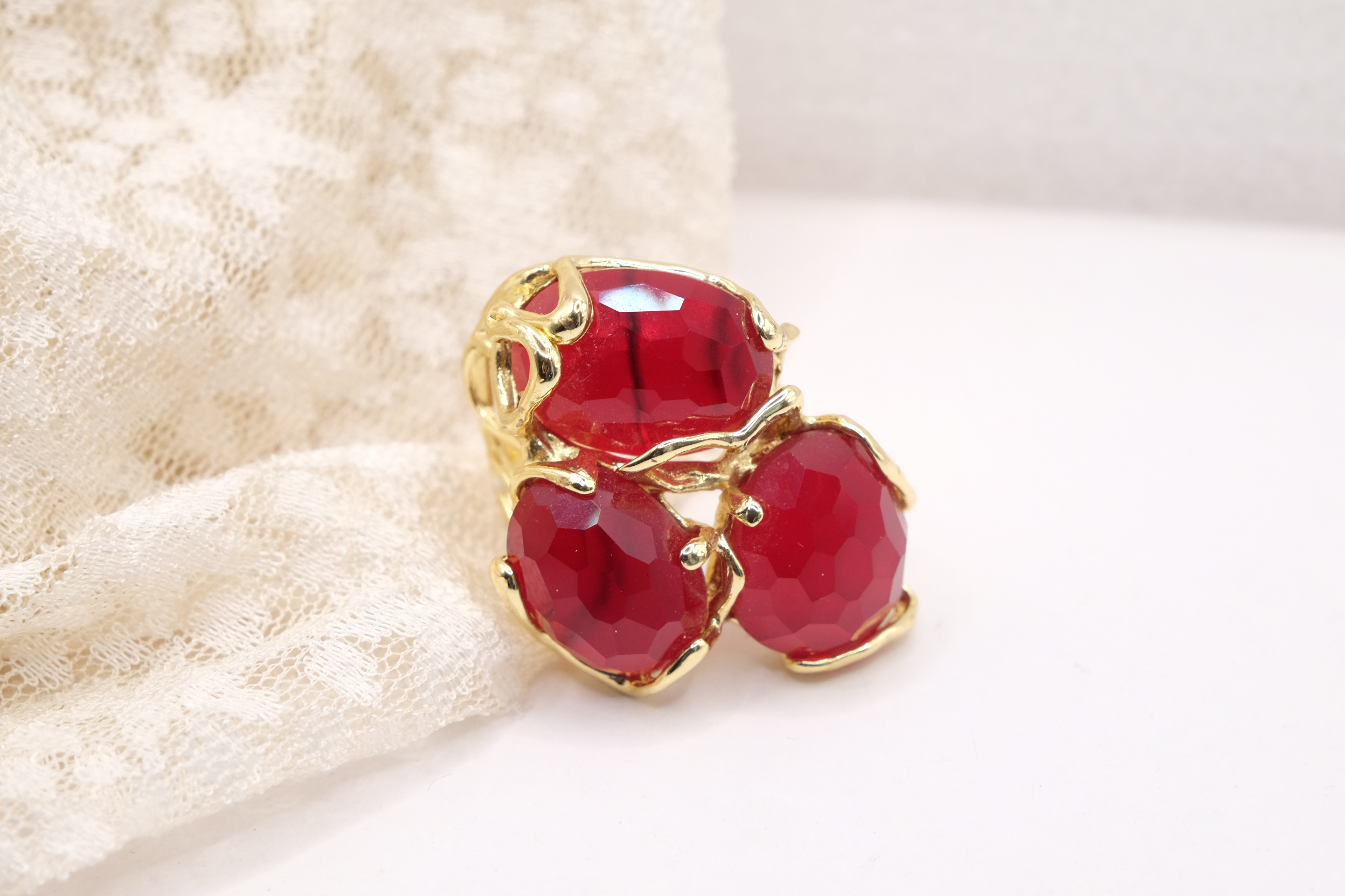 ANELLO 3 PIETRE OCCHIO DI GATTO BORGOGNA OTTONE REGOLABILE (2)