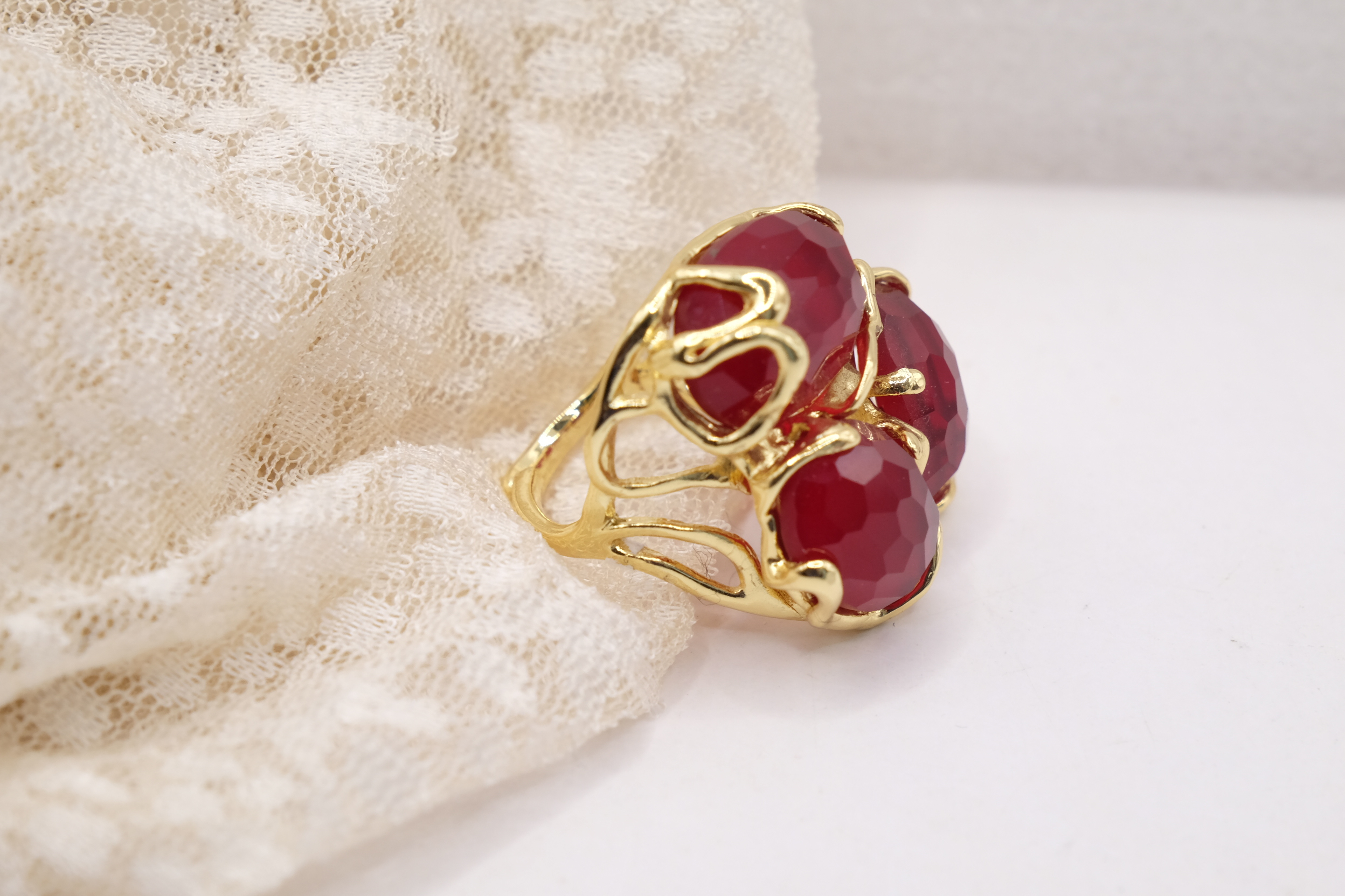 ANELLO 3 PIETRE OCCHIO DI GATTO BORGOGNA OTTONE REGOLABILE (3)