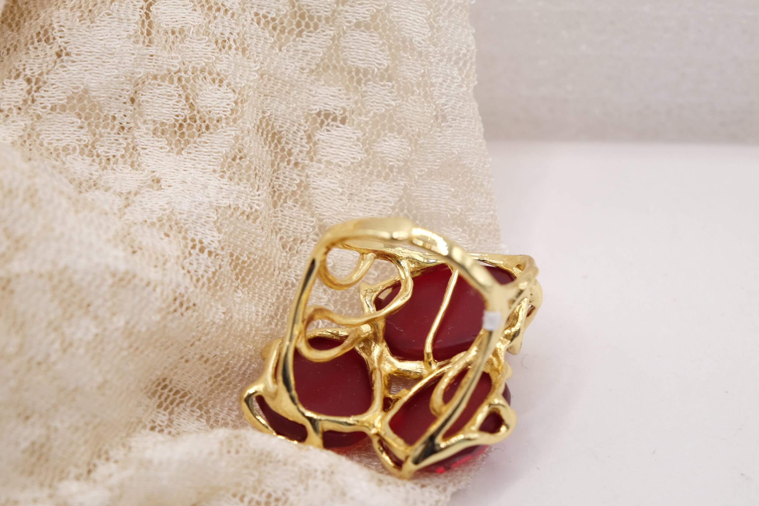 ANELLO 3 PIETRE OCCHIO DI GATTO BORGOGNA OTTONE REGOLABILE (4)