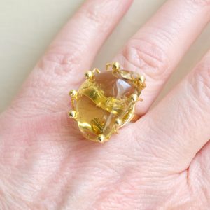 Anello Artigianale Ambra Verde/Giallo Dominicana Ottone