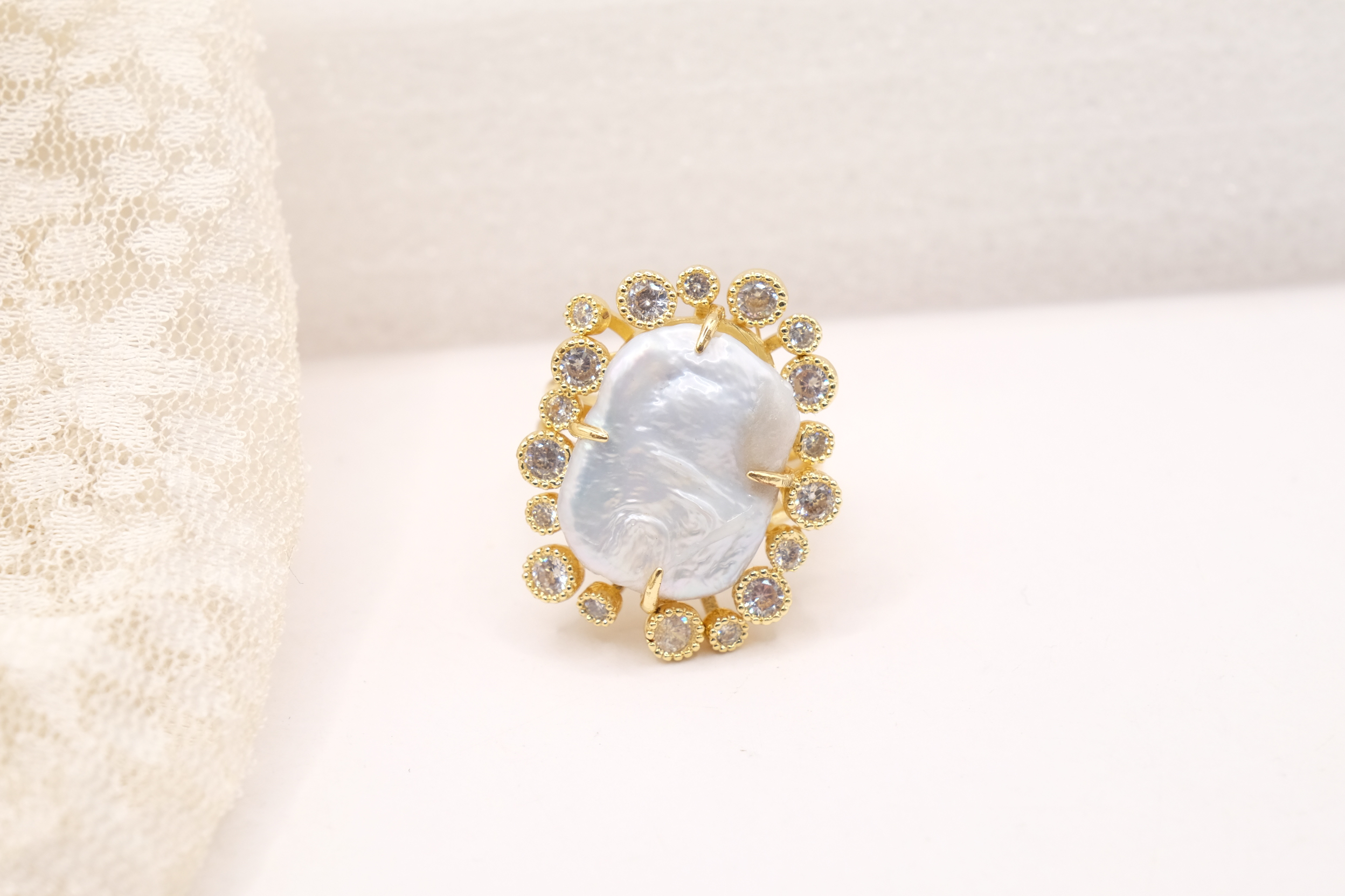 ANELLO REGOLABILE PERLA ZIRCONI OTTONE ARTIGIANALE (3)