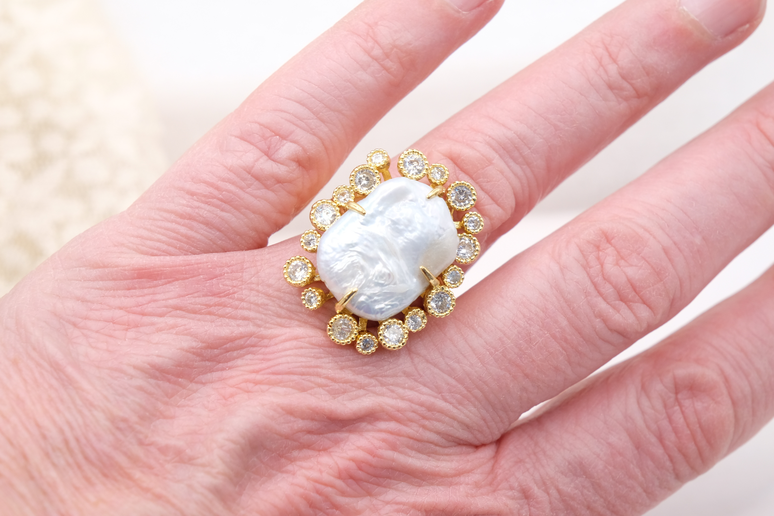 ANELLO REGOLABILE PERLA ZIRCONI OTTONE ARTIGIANALE (4)