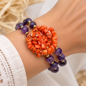 Bracciale Elasticizzato 2 fili Ametista Corallo Naturale Tessito