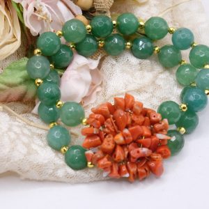 Bracciale Elasticizzato 2 fili Giada Verde Corallo Naturale Tessito