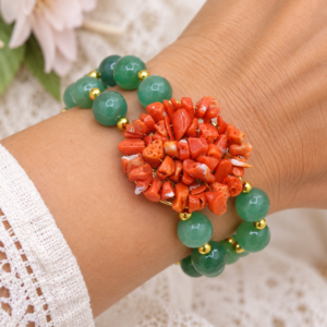 Bracciale Elasticizzato 2 fili Giada Verde Corallo Naturale Tessito