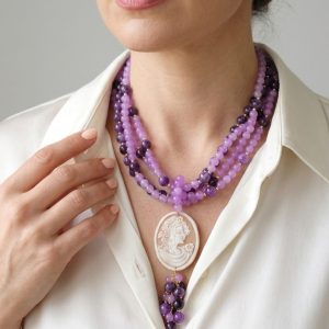 Collana Multifilo Giada Lavanda Ametista Cammeo di Torre del Greco