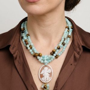 Collana Multifilo Amazzonite Occhio di Tigre Cammeo di Torre del Greco a Y