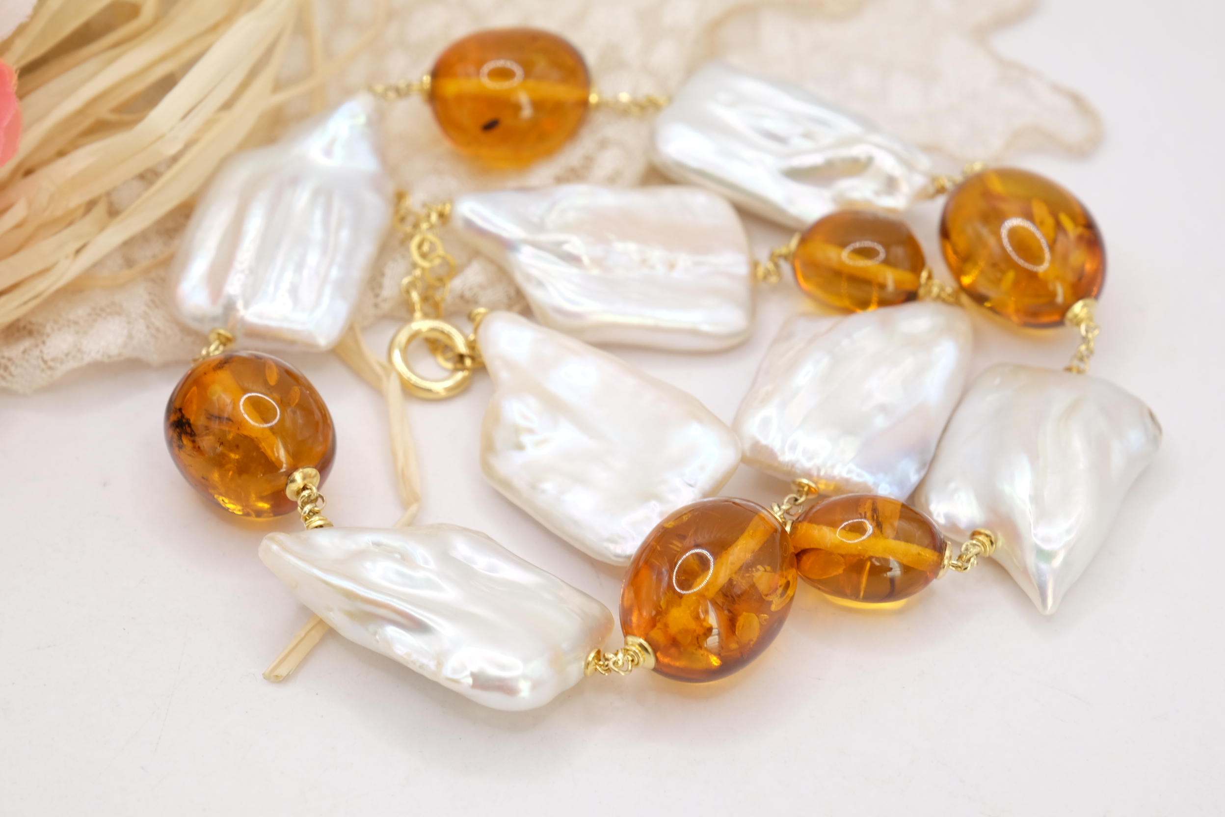 COLLANA ARTIGIANALE AMBRA PERLE GRANDI BAROCCHE ARGENTO 925 PLACCATO ORO (1)