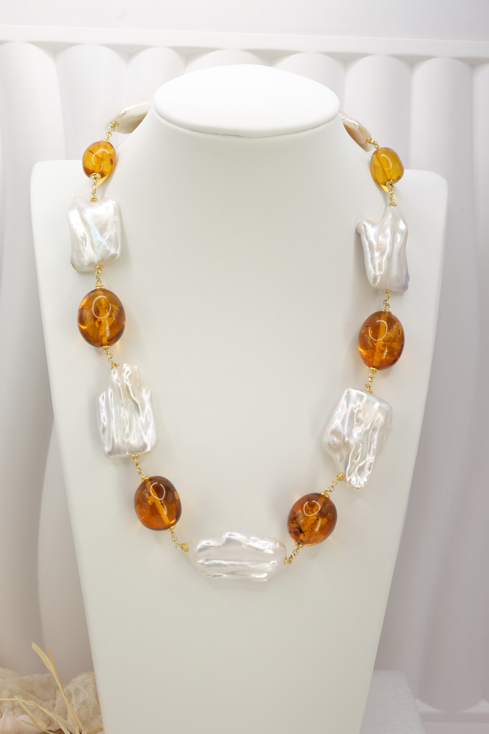 COLLANA ARTIGIANALE AMBRA PERLE GRANDI BAROCCHE ARGENTO 925 PLACCATO ORO (2)