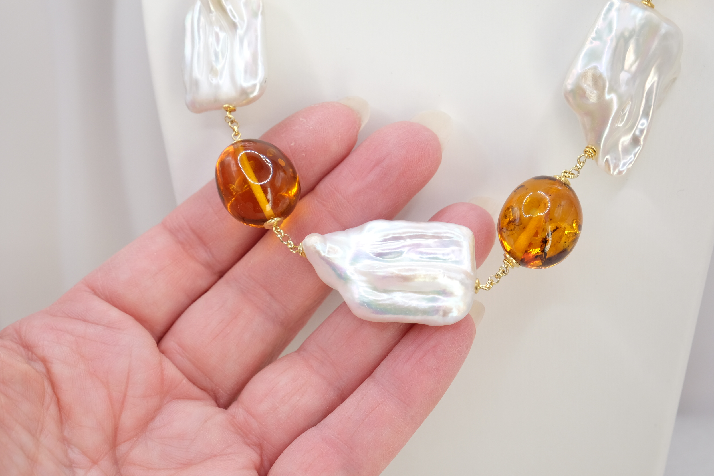 COLLANA ARTIGIANALE AMBRA PERLE GRANDI BAROCCHE ARGENTO 925 PLACCATO ORO (3)