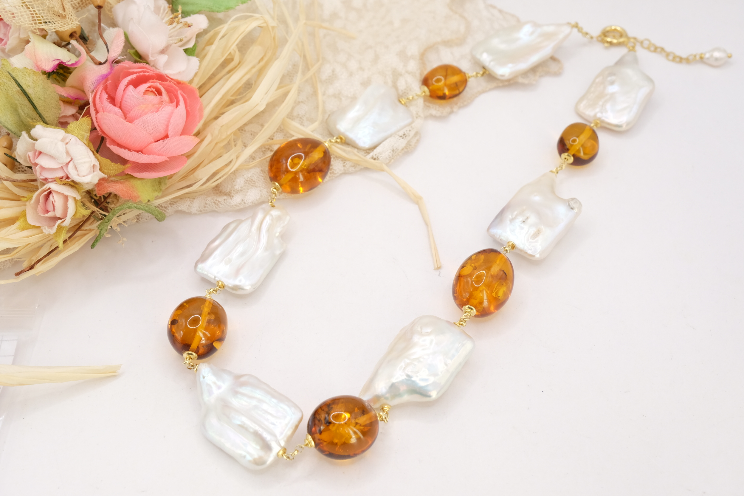 COLLANA ARTIGIANALE AMBRA PERLE GRANDI BAROCCHE ARGENTO 925 PLACCATO ORO (4)