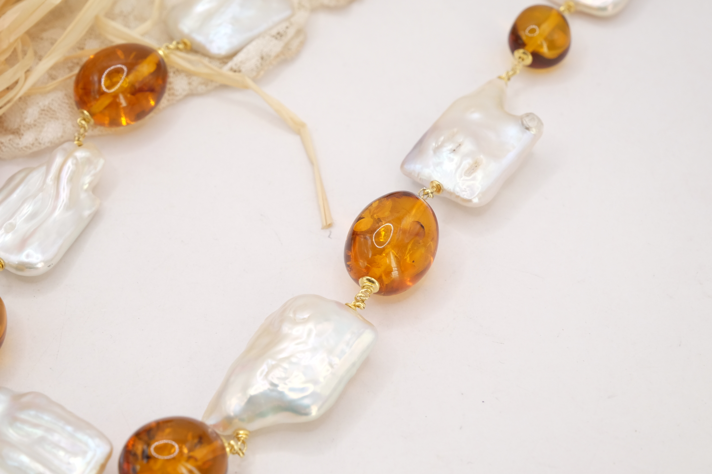COLLANA ARTIGIANALE AMBRA PERLE GRANDI BAROCCHE ARGENTO 925 PLACCATO ORO (5)