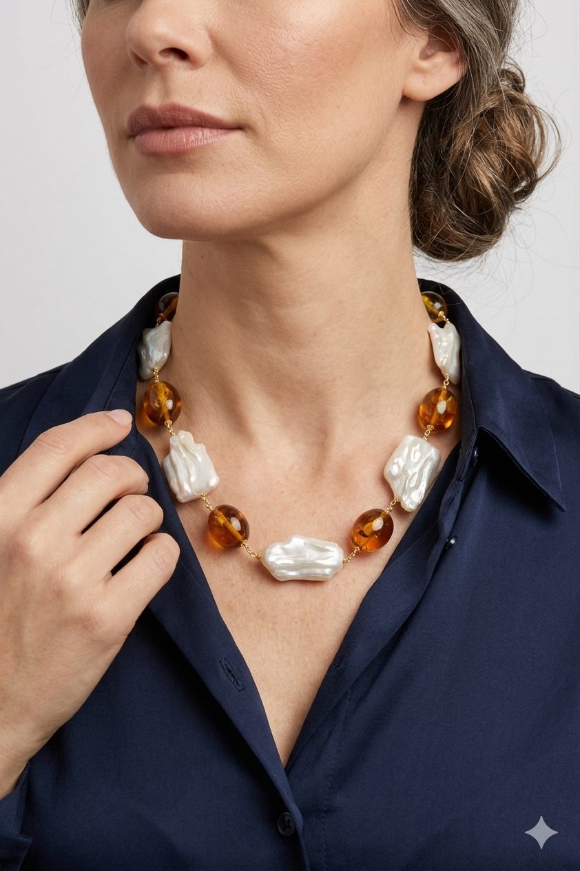 COLLANA ARTIGIANALE AMBRA PERLE GRANDI BAROCCHE ARGENTO 925 PLACCATO ORO (6)