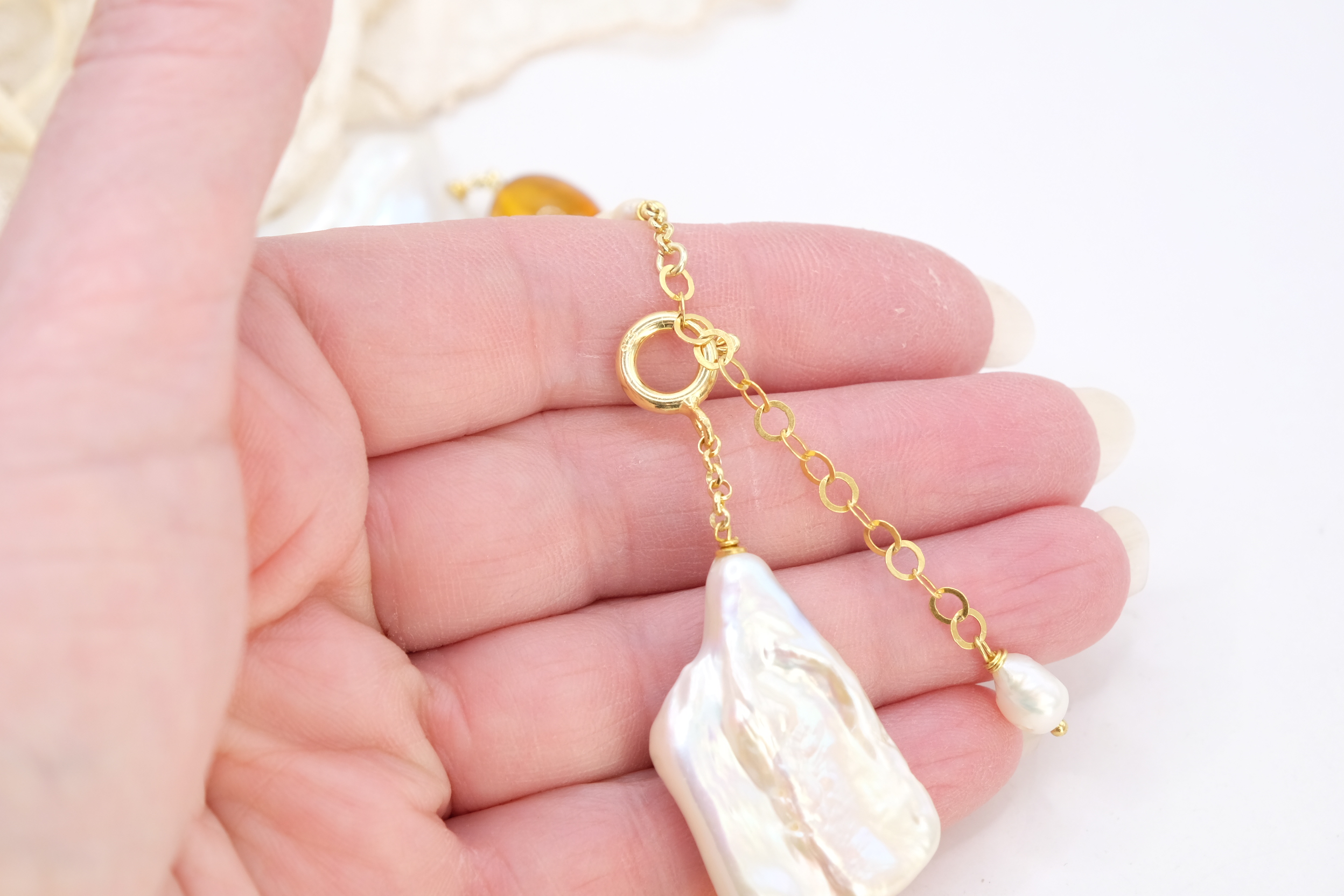 COLLANA ARTIGIANALE AMBRA PERLE GRANDI BAROCCHE ARGENTO 925 PLACCATO ORO (6)