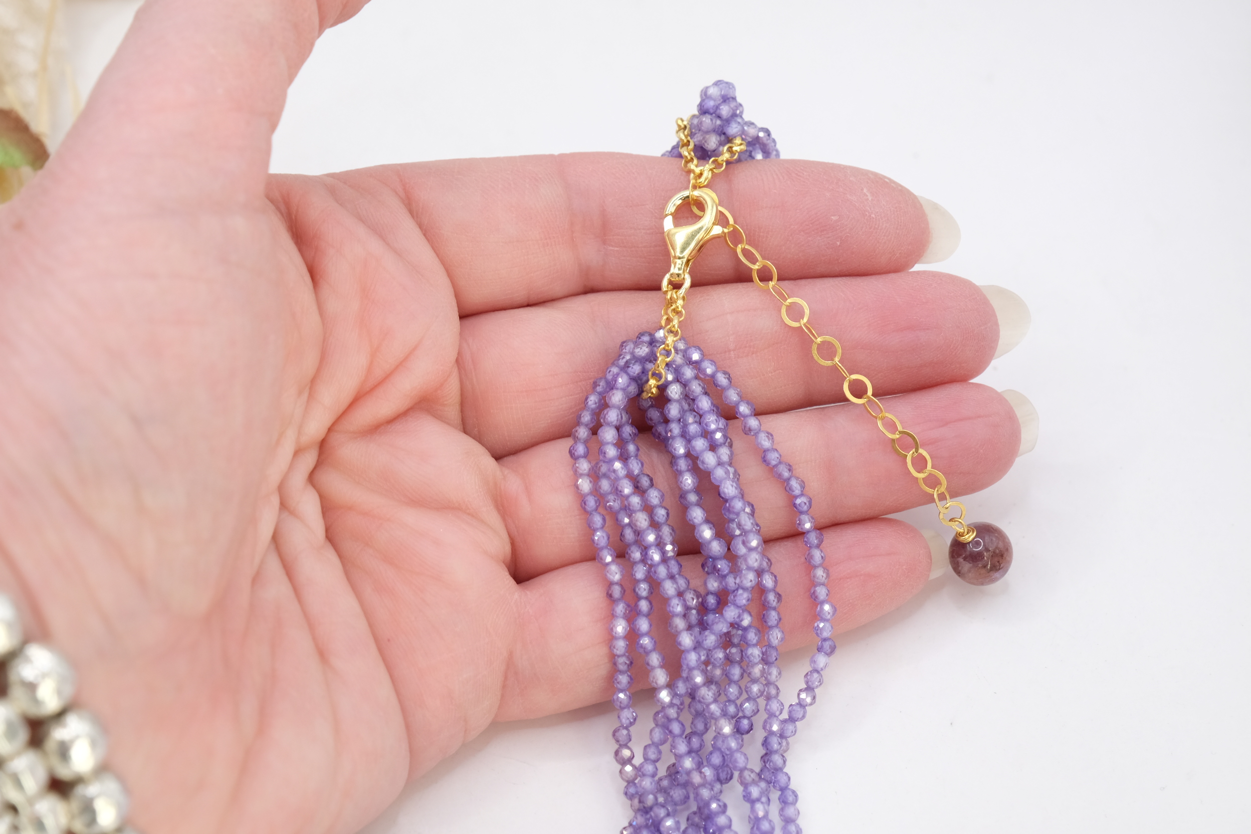 COLLANA ARTIGIANALE AMETISTA ZIRCONI CITRINO PERLE ARGENTO DORATO (1)