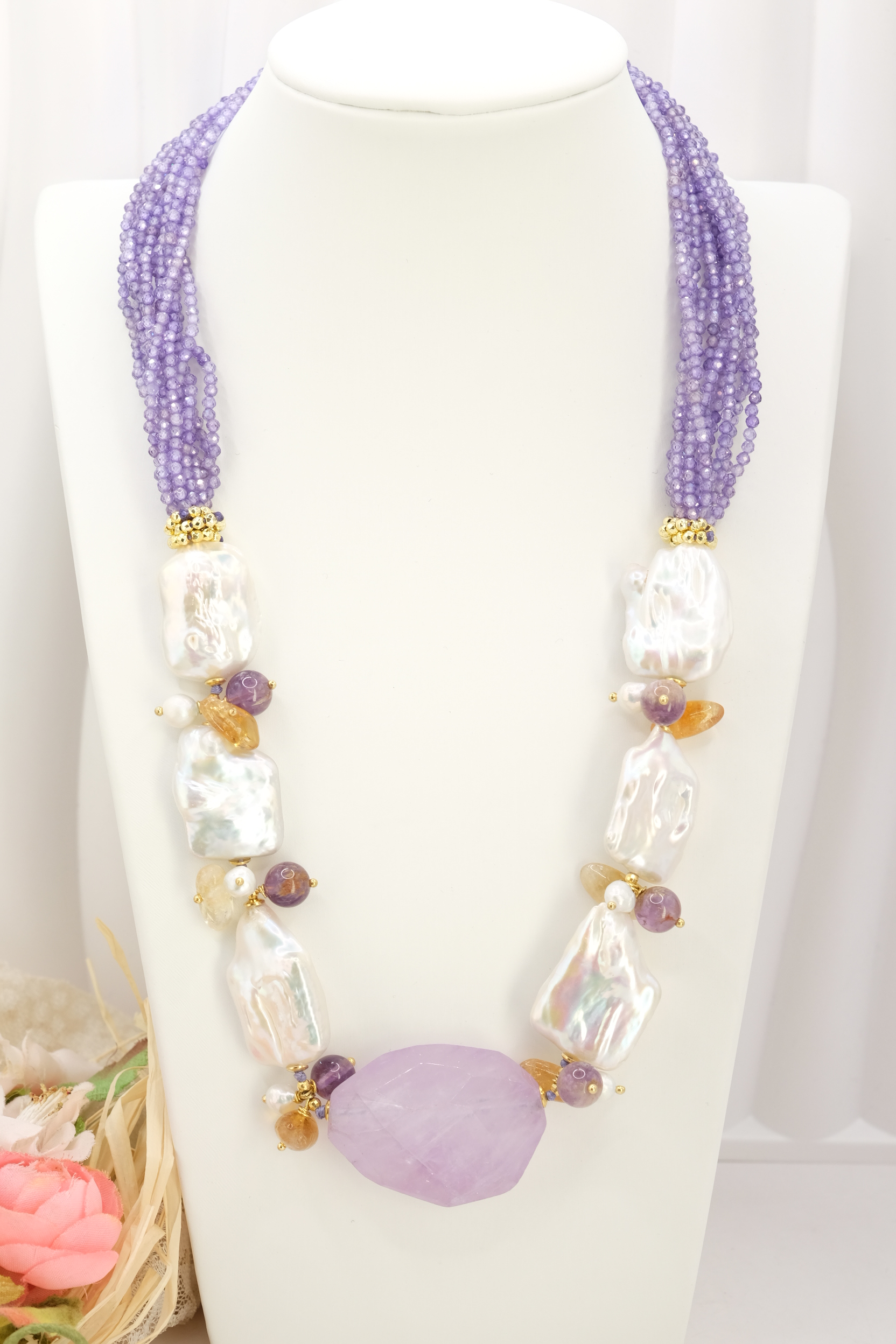 COLLANA ARTIGIANALE AMETISTA ZIRCONI CITRINO PERLE ARGENTO DORATO (2)