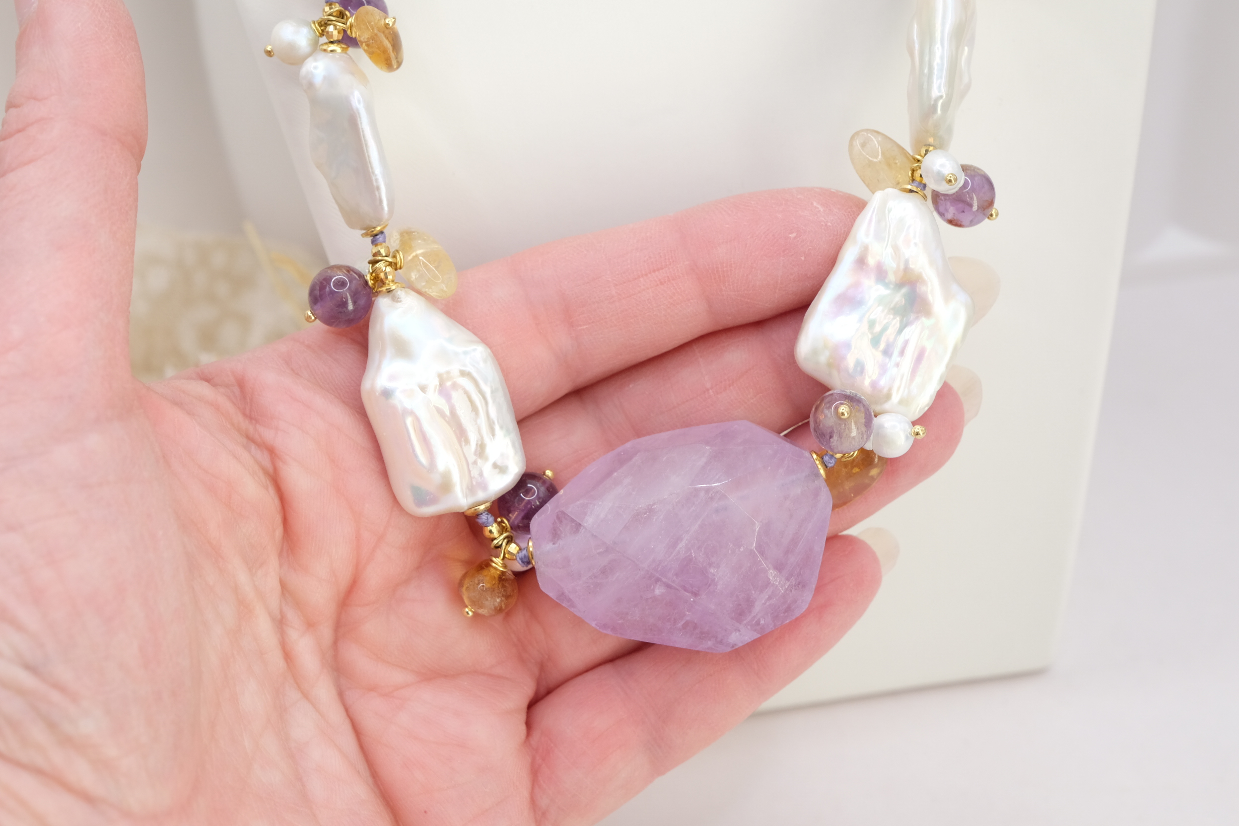 COLLANA ARTIGIANALE AMETISTA ZIRCONI CITRINO PERLE ARGENTO DORATO (3)