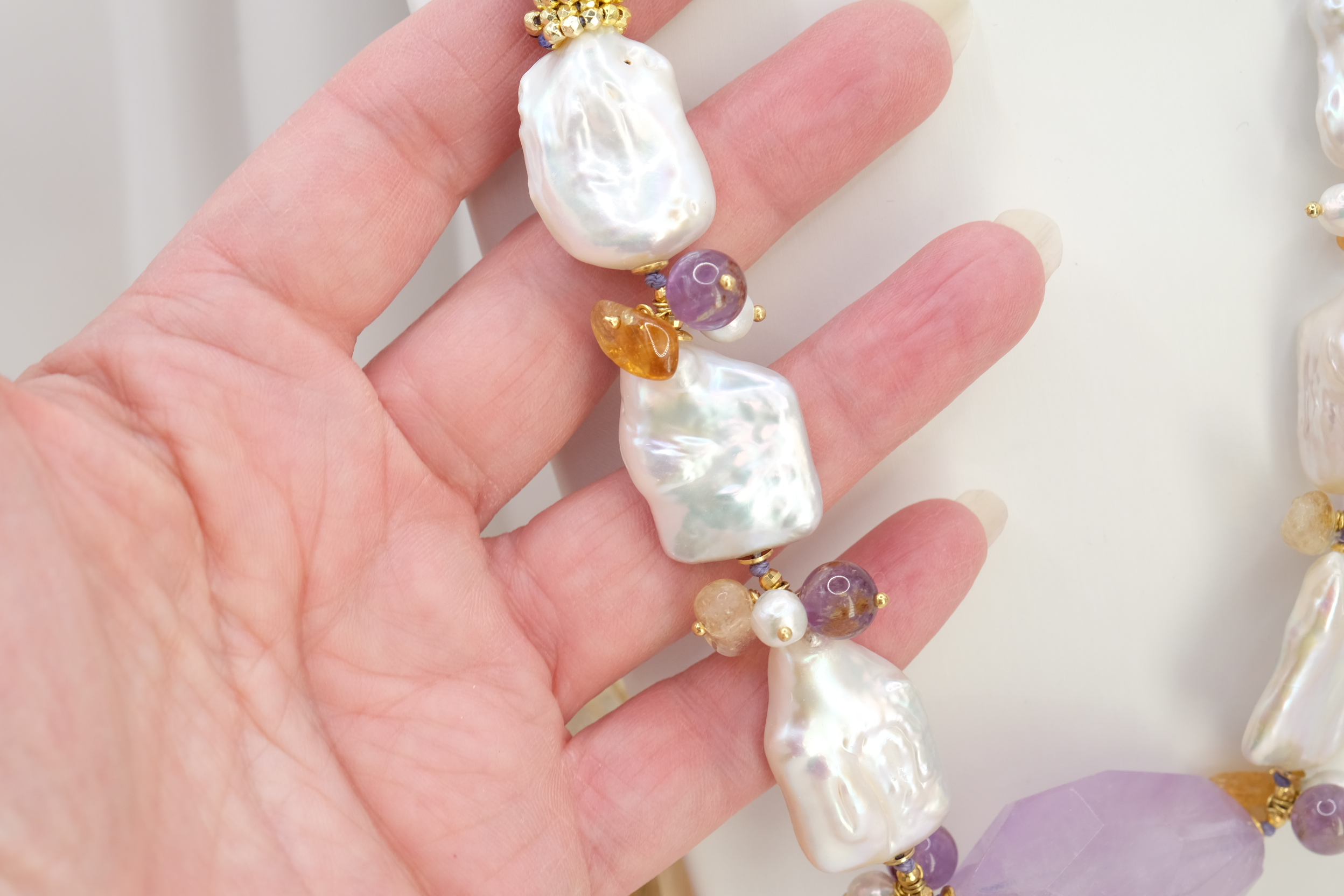 COLLANA ARTIGIANALE AMETISTA ZIRCONI CITRINO PERLE ARGENTO DORATO (4)