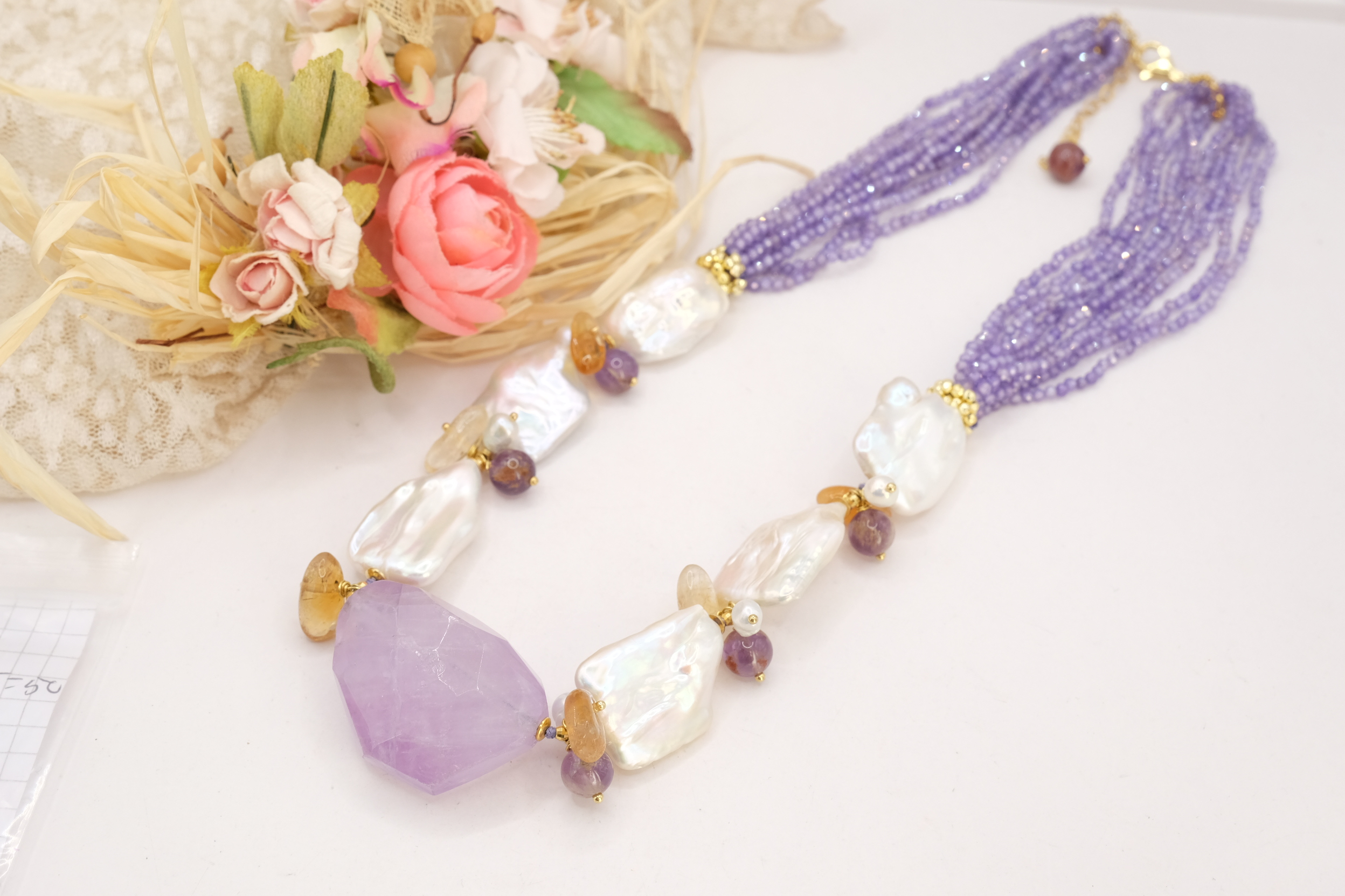 COLLANA ARTIGIANALE AMETISTA ZIRCONI CITRINO PERLE ARGENTO DORATO (5)