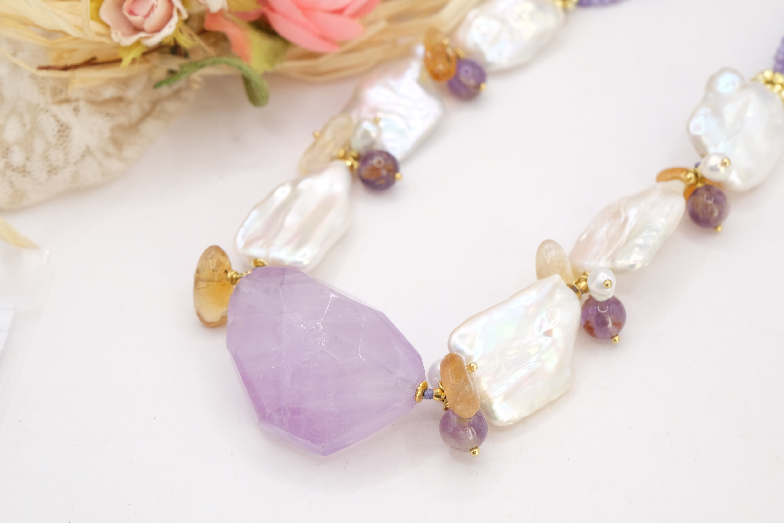 COLLANA ARTIGIANALE AMETISTA ZIRCONI CITRINO PERLE ARGENTO DORATO (6)