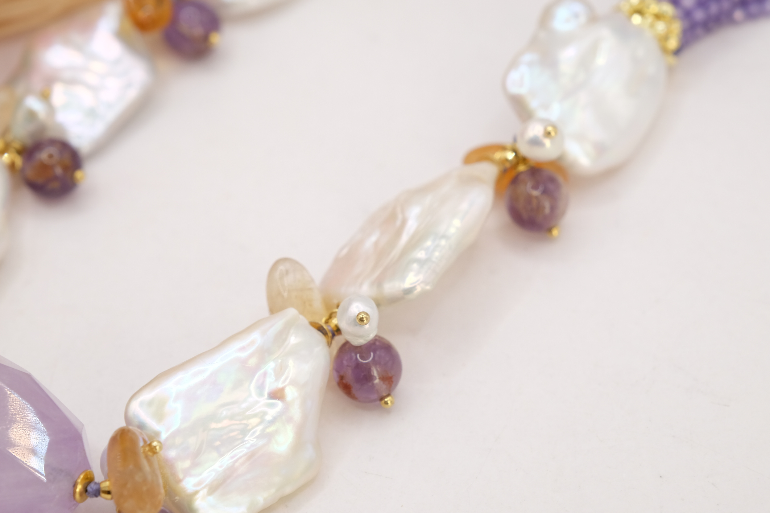 COLLANA ARTIGIANALE AMETISTA ZIRCONI CITRINO PERLE ARGENTO DORATO (7)