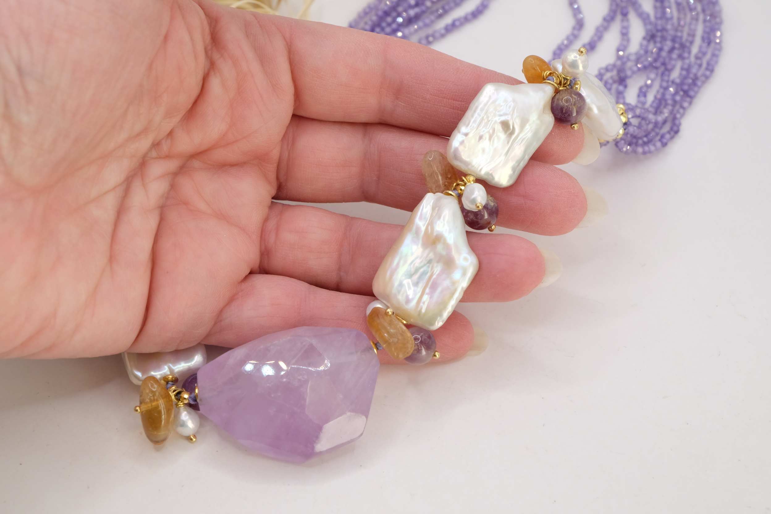 COLLANA ARTIGIANALE AMETISTA ZIRCONI CITRINO PERLE ARGENTO DORATO (8)