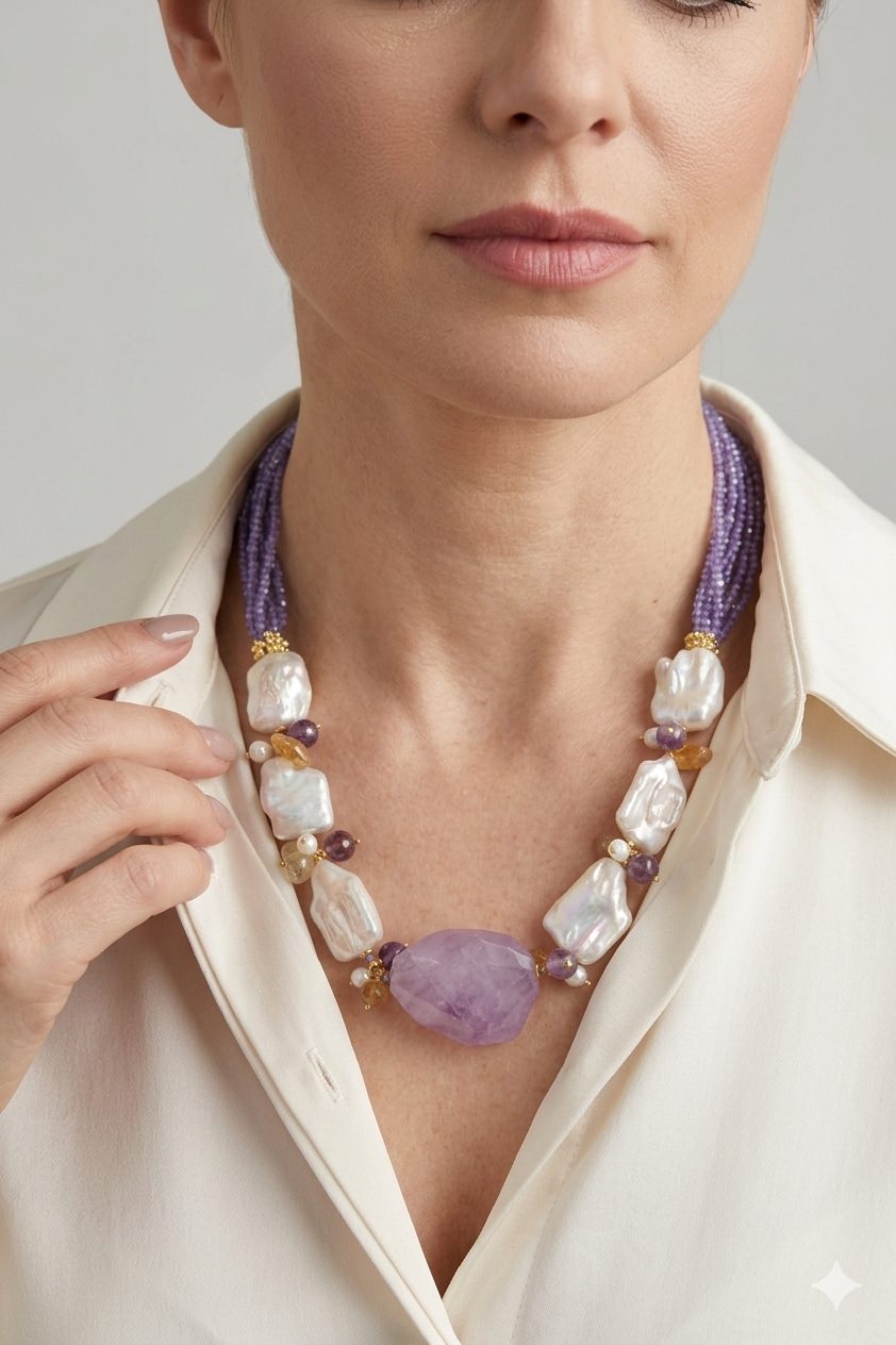 COLLANA ARTIGIANALE AMETISTA ZIRCONI CITRINO PERLE ARGENTO DORATO