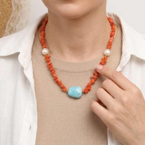 Collana Artigianale Argento 925 Dorato Corallo Amazzonite Perle