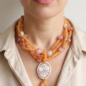 Collana Multifilo Corniola e Cammeo di Torre del Greco a Y