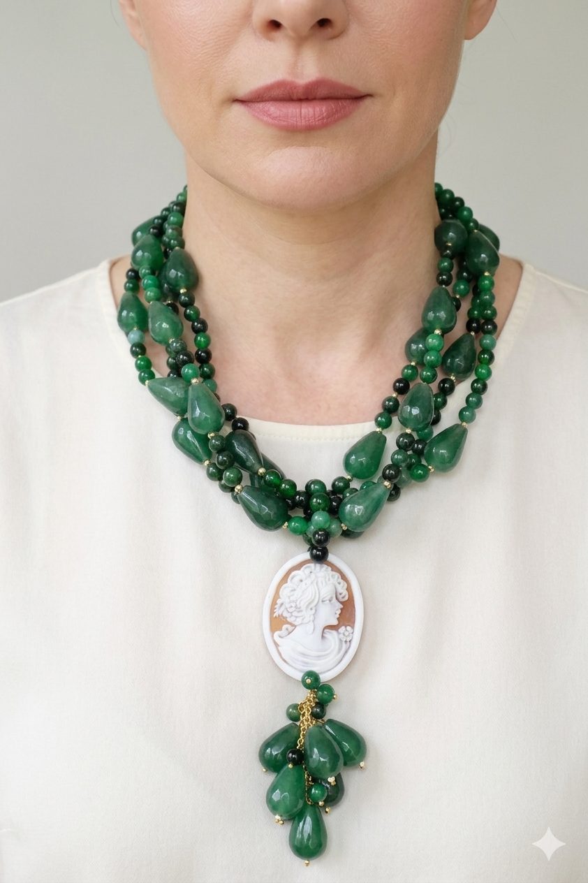 COLLANA ARTIGIANALE GIADA VERDE CAMMEO DI TORRE DEL GRECO