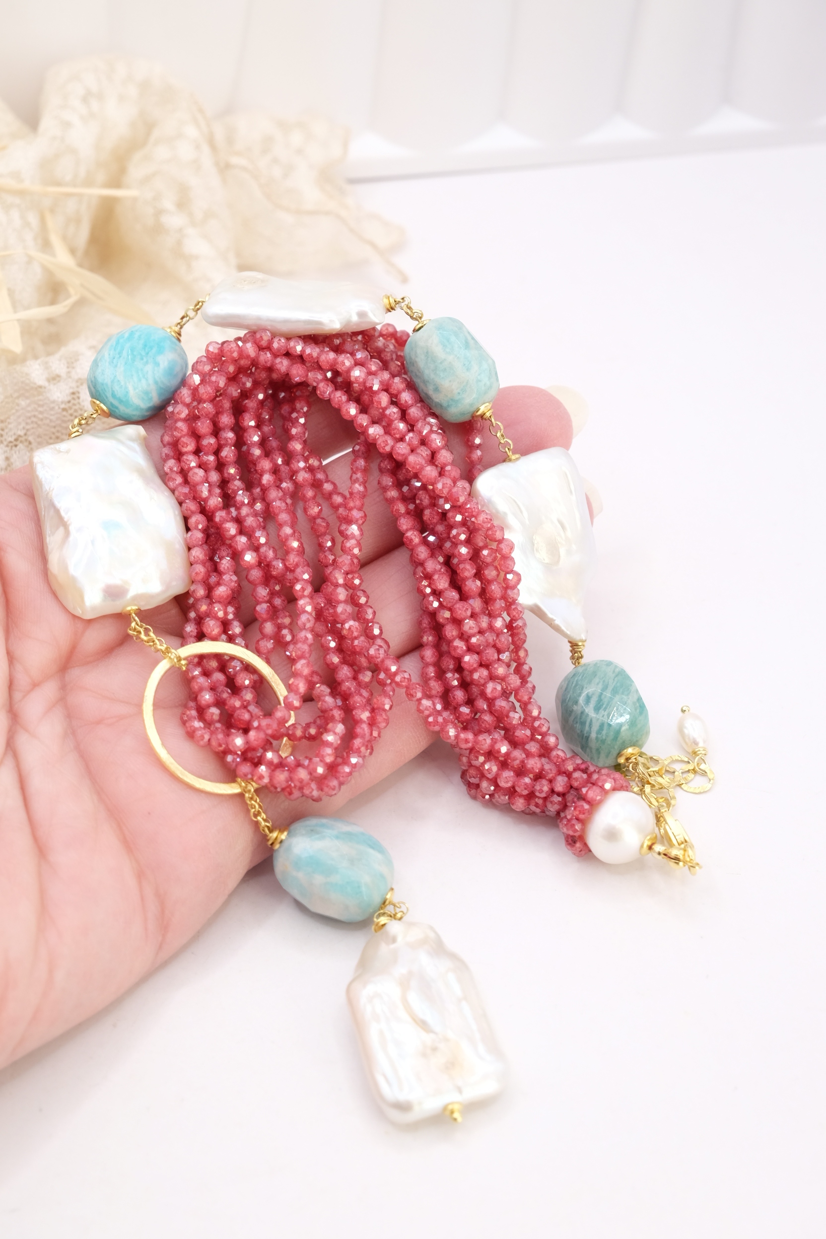 COLLANA ARTIGIANALE LARIAT ZIRCONI NATURALI RUBY AMAZZONITE PERLE ARGENTO (1)