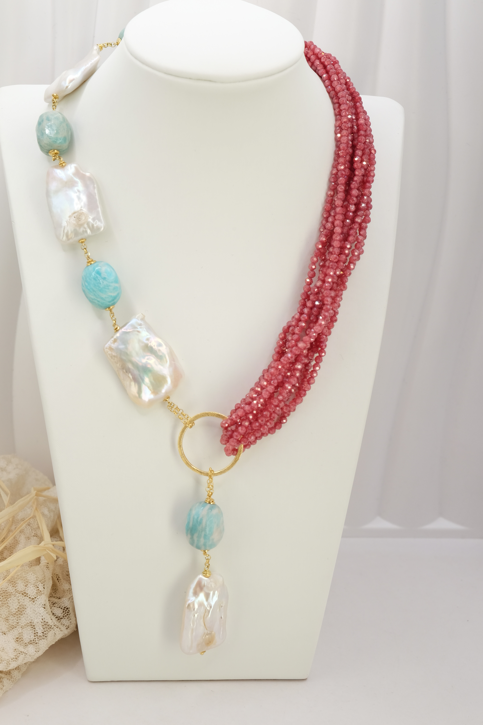 COLLANA ARTIGIANALE LARIAT ZIRCONI NATURALI RUBY AMAZZONITE PERLE ARGENTO (2)