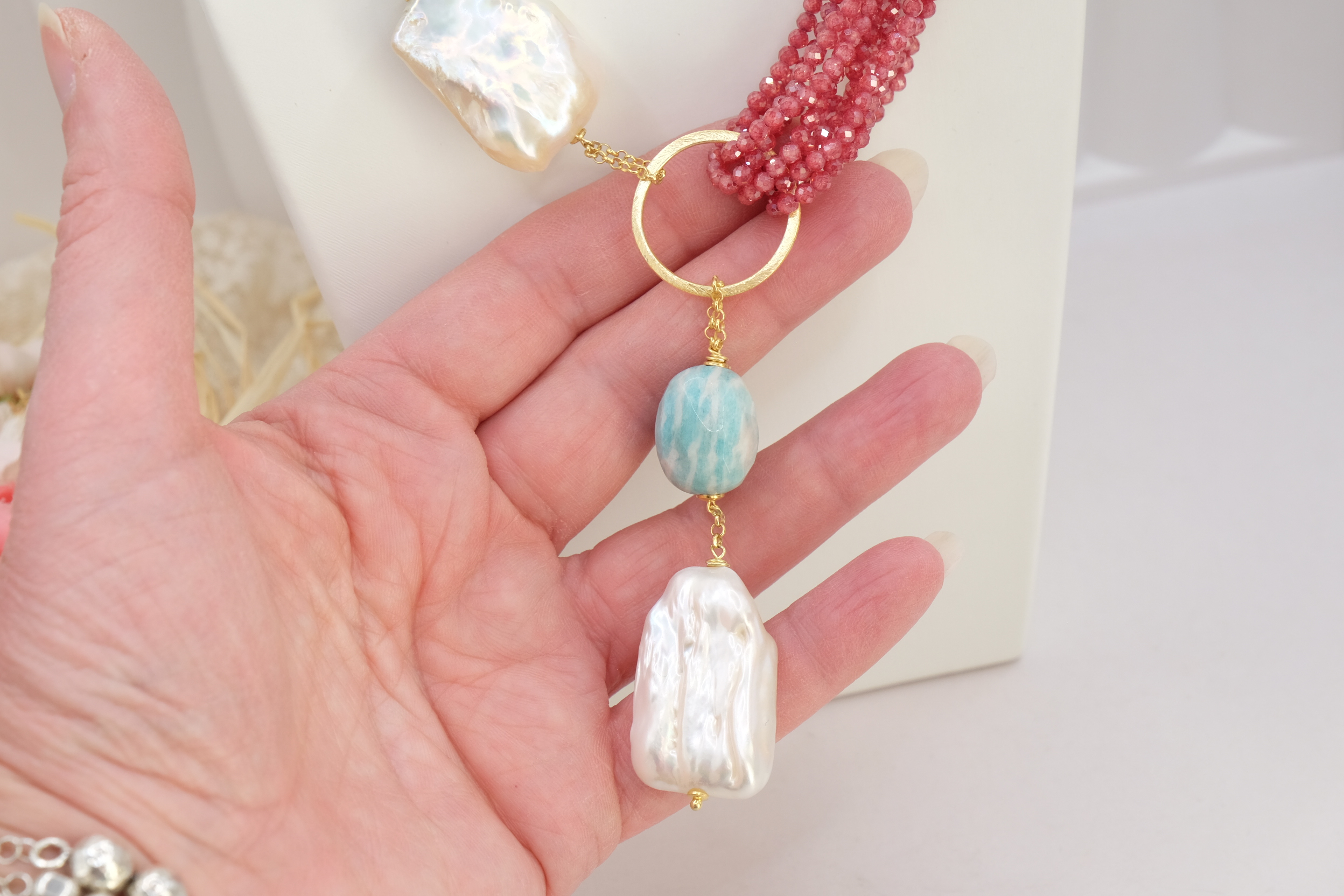 COLLANA ARTIGIANALE LARIAT ZIRCONI NATURALI RUBY AMAZZONITE PERLE ARGENTO (3)