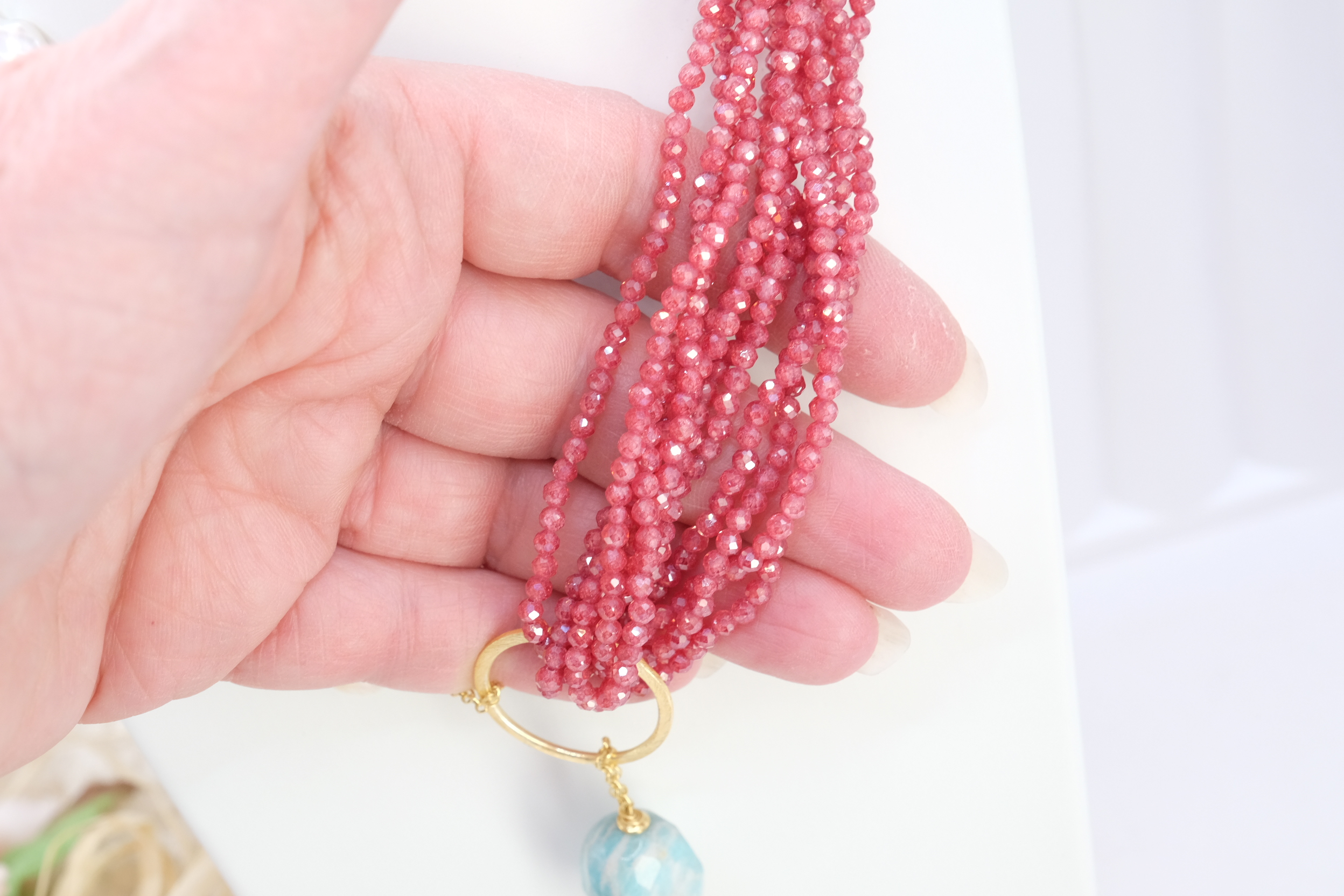 COLLANA ARTIGIANALE LARIAT ZIRCONI NATURALI RUBY AMAZZONITE PERLE ARGENTO (4)