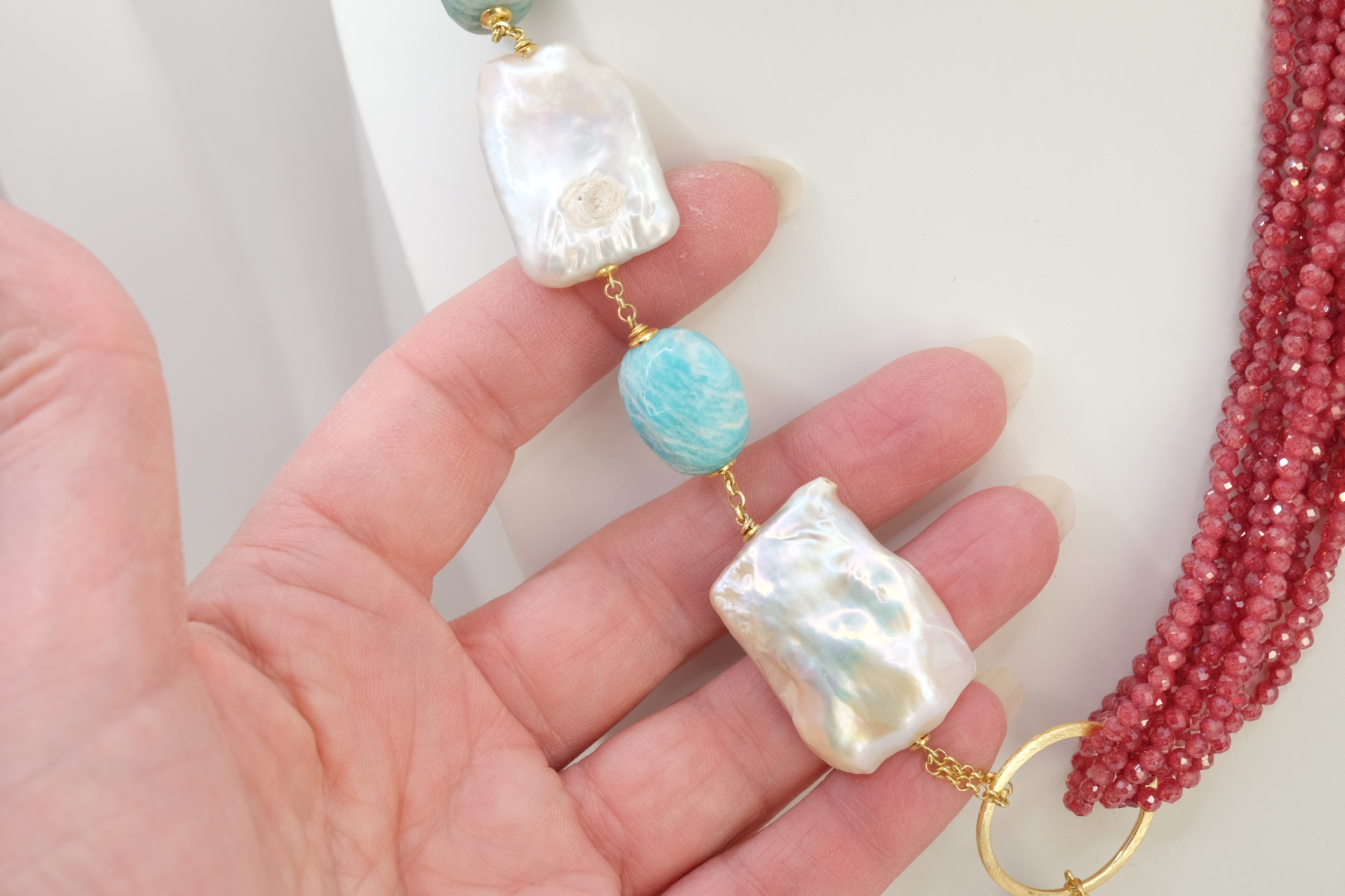 COLLANA ARTIGIANALE LARIAT ZIRCONI NATURALI RUBY AMAZZONITE PERLE ARGENTO (5)