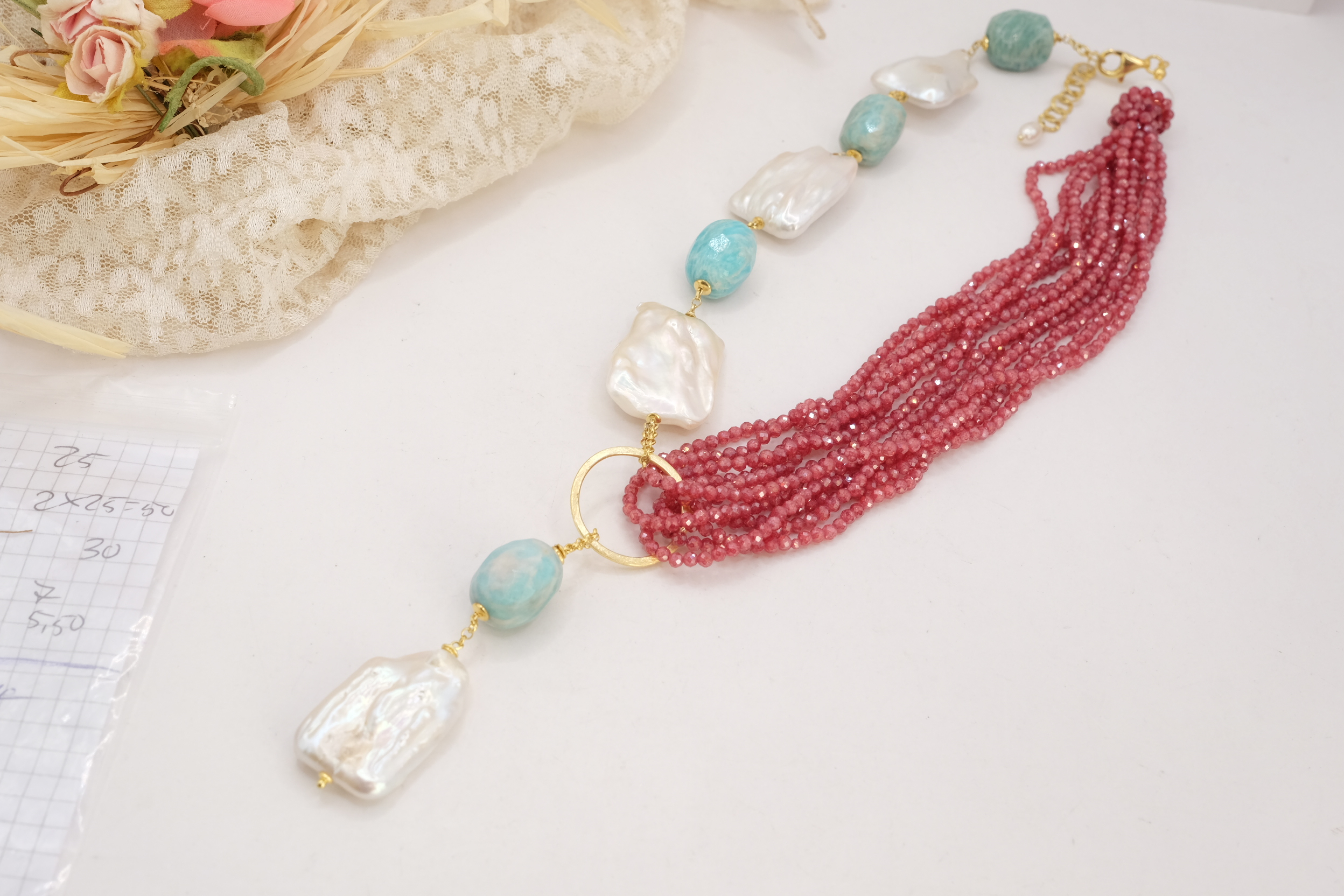 COLLANA ARTIGIANALE LARIAT ZIRCONI NATURALI RUBY AMAZZONITE PERLE ARGENTO (6)