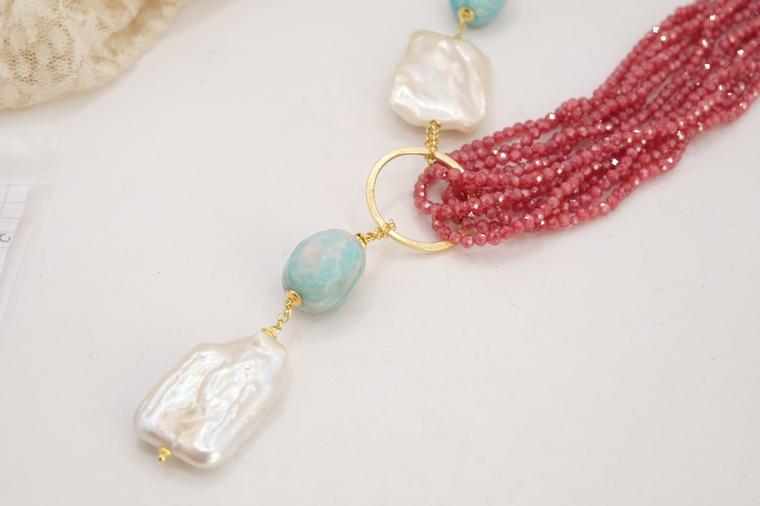 COLLANA ARTIGIANALE LARIAT ZIRCONI NATURALI RUBY AMAZZONITE PERLE ARGENTO (7)