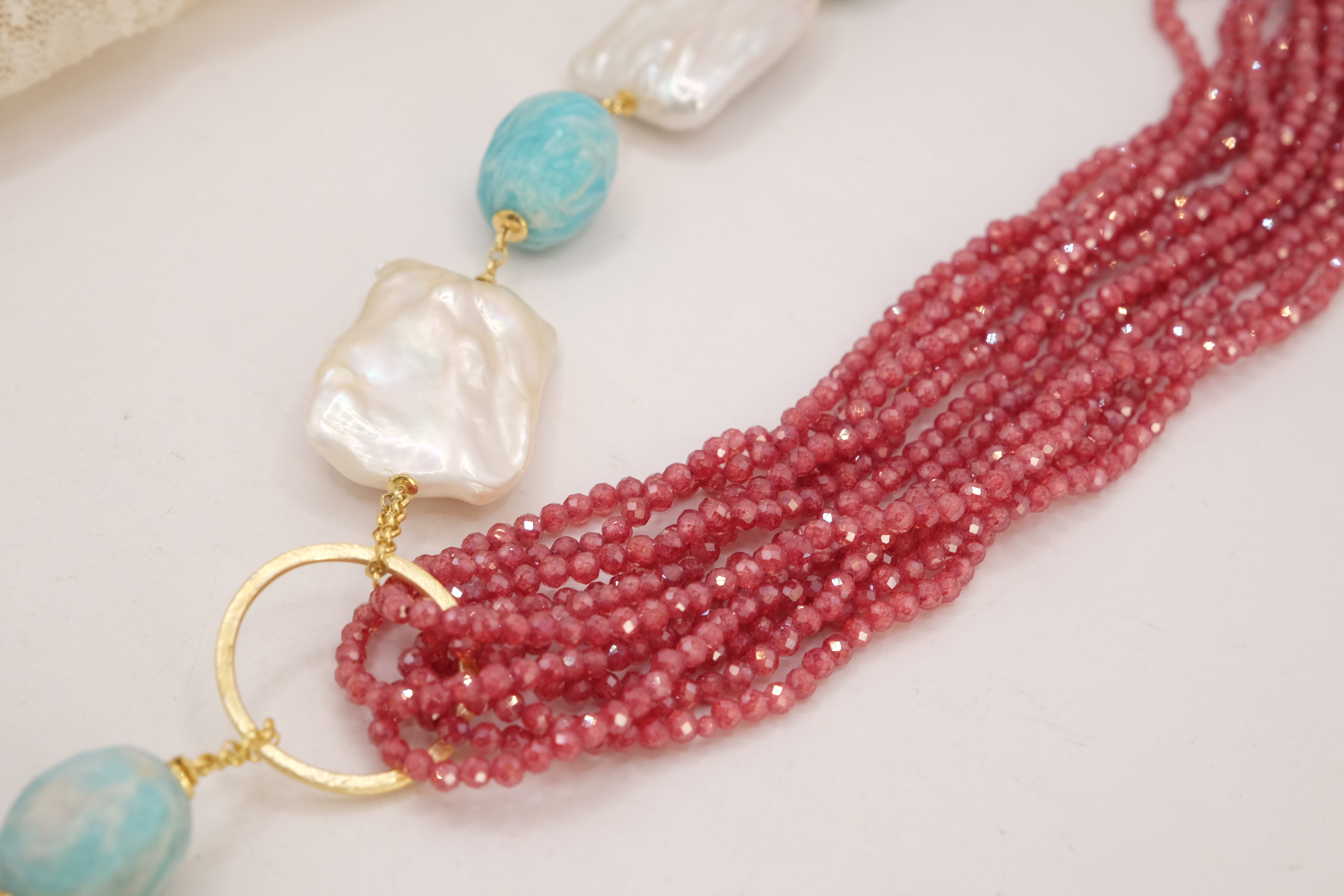 COLLANA ARTIGIANALE LARIAT ZIRCONI NATURALI RUBY AMAZZONITE PERLE ARGENTO (8)