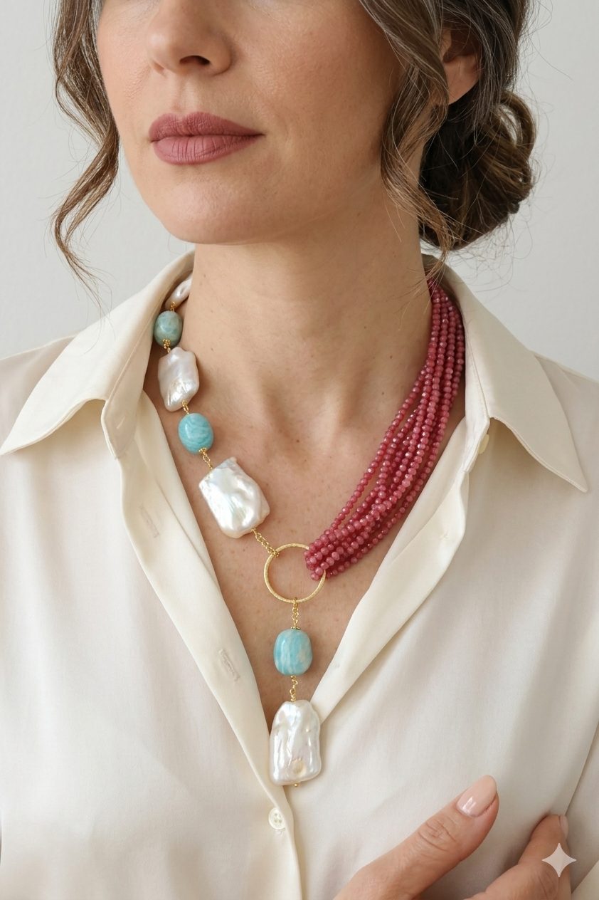 COLLANA ARTIGIANALE LARIAT ZIRCONI NATURALI RUBY AMAZZONITE PERLE ARGENTO