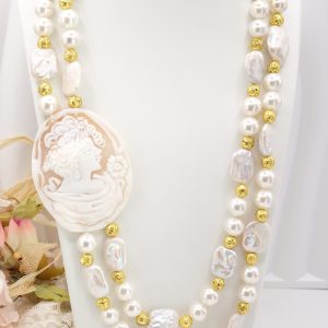 Collana perle naturali e Maiorca e cammeo Torre del Greco 2 fili