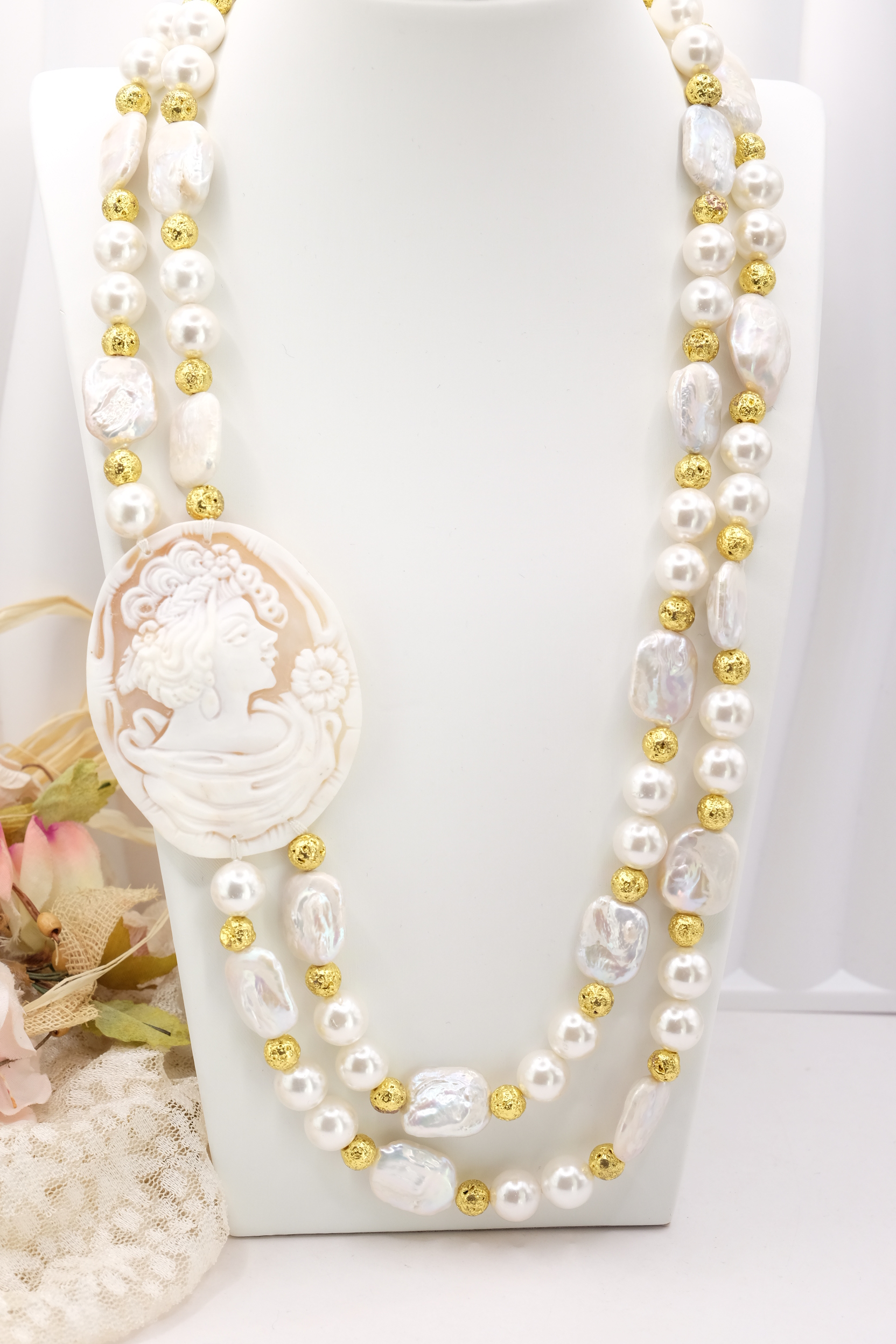 COLLANA ARTIGIANALE MULTIFILO 2 FILI PERLE CAMMEO TORRE DEL GRECO SARDONICO (2)