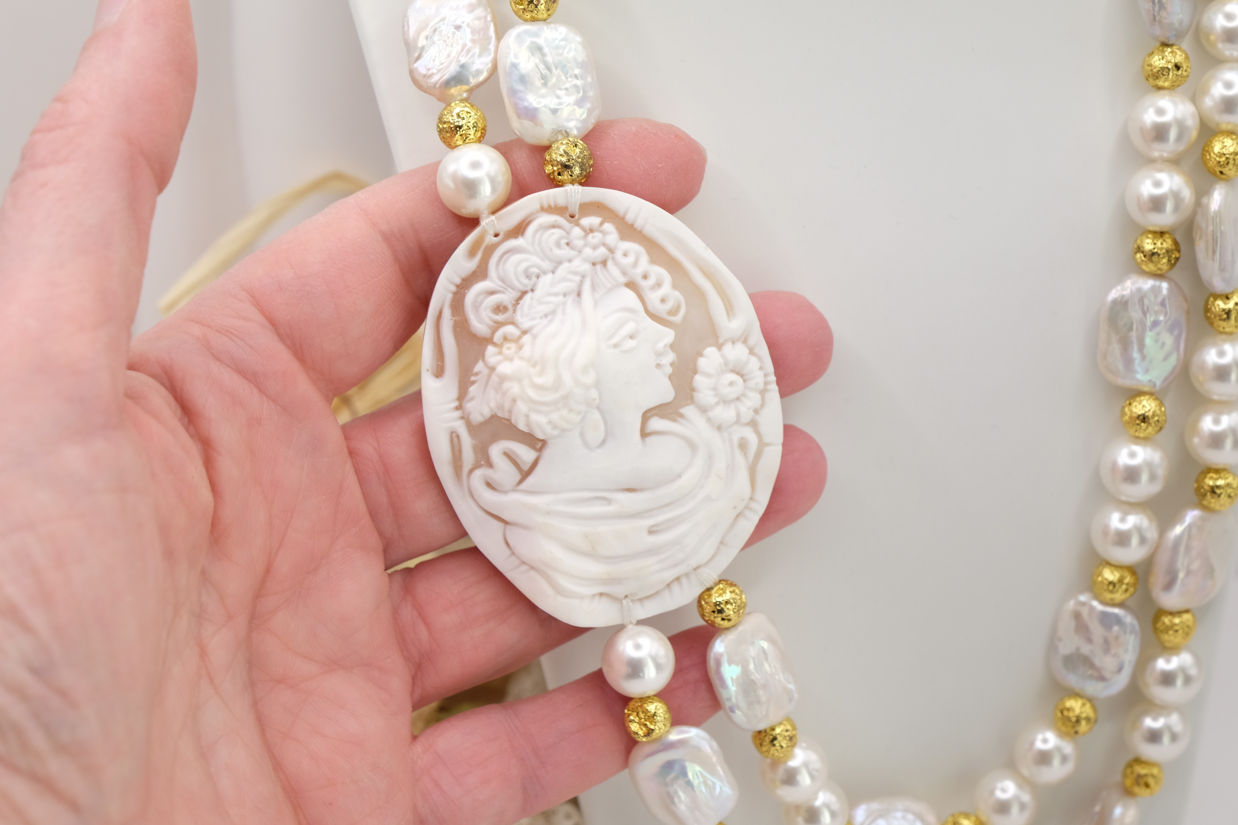 COLLANA ARTIGIANALE MULTIFILO 2 FILI PERLE CAMMEO TORRE DEL GRECO SARDONICO (3)