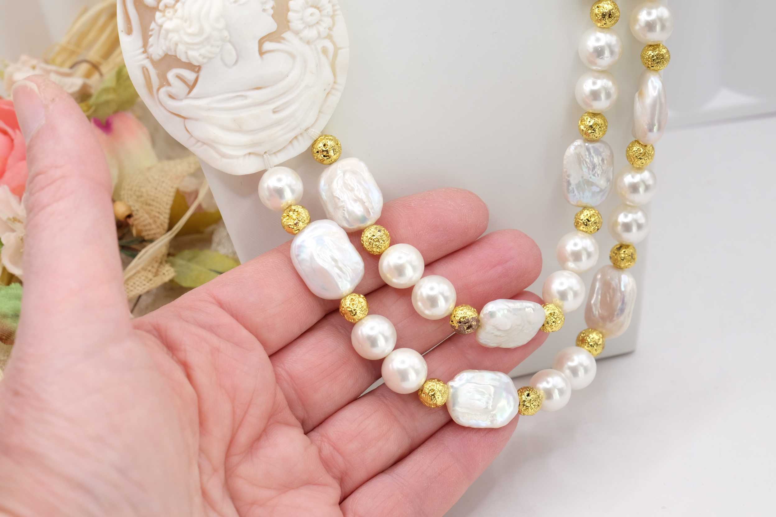 COLLANA ARTIGIANALE MULTIFILO 2 FILI PERLE CAMMEO TORRE DEL GRECO SARDONICO (4)