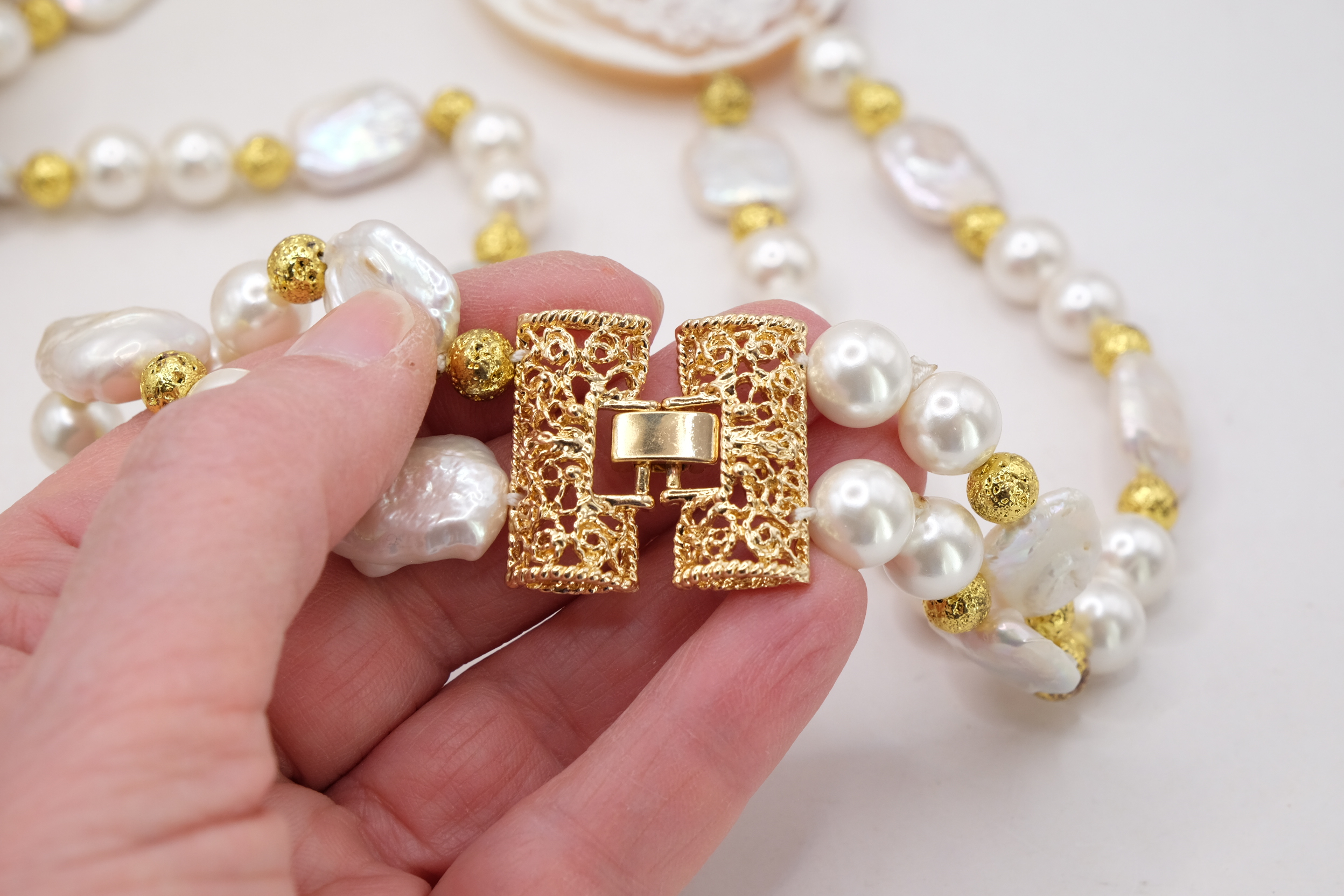 COLLANA ARTIGIANALE MULTIFILO 2 FILI PERLE CAMMEO TORRE DEL GRECO SARDONICO (5)