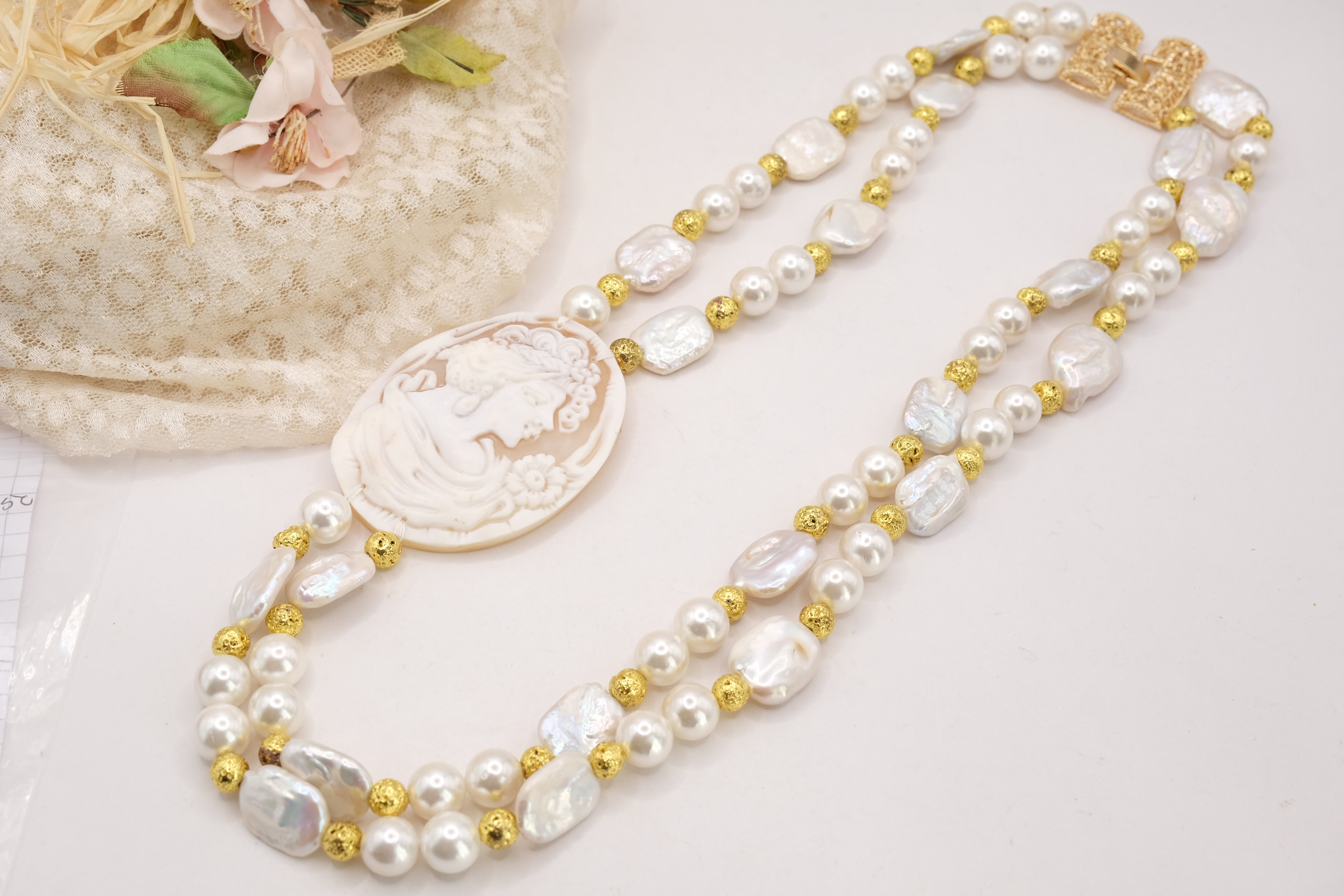 COLLANA ARTIGIANALE MULTIFILO 2 FILI PERLE CAMMEO TORRE DEL GRECO SARDONICO (6)