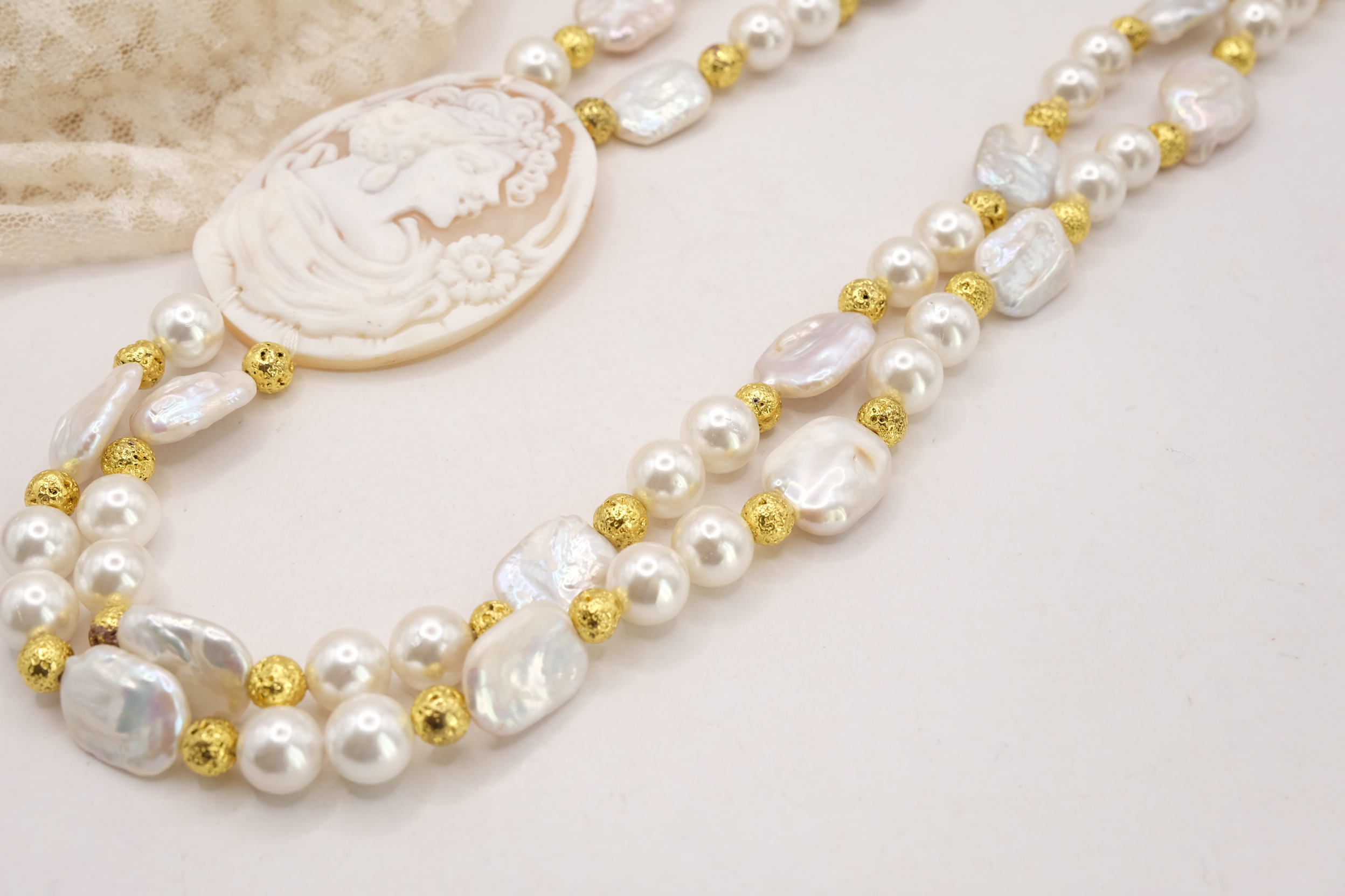 COLLANA ARTIGIANALE MULTIFILO 2 FILI PERLE CAMMEO TORRE DEL GRECO SARDONICO (7)