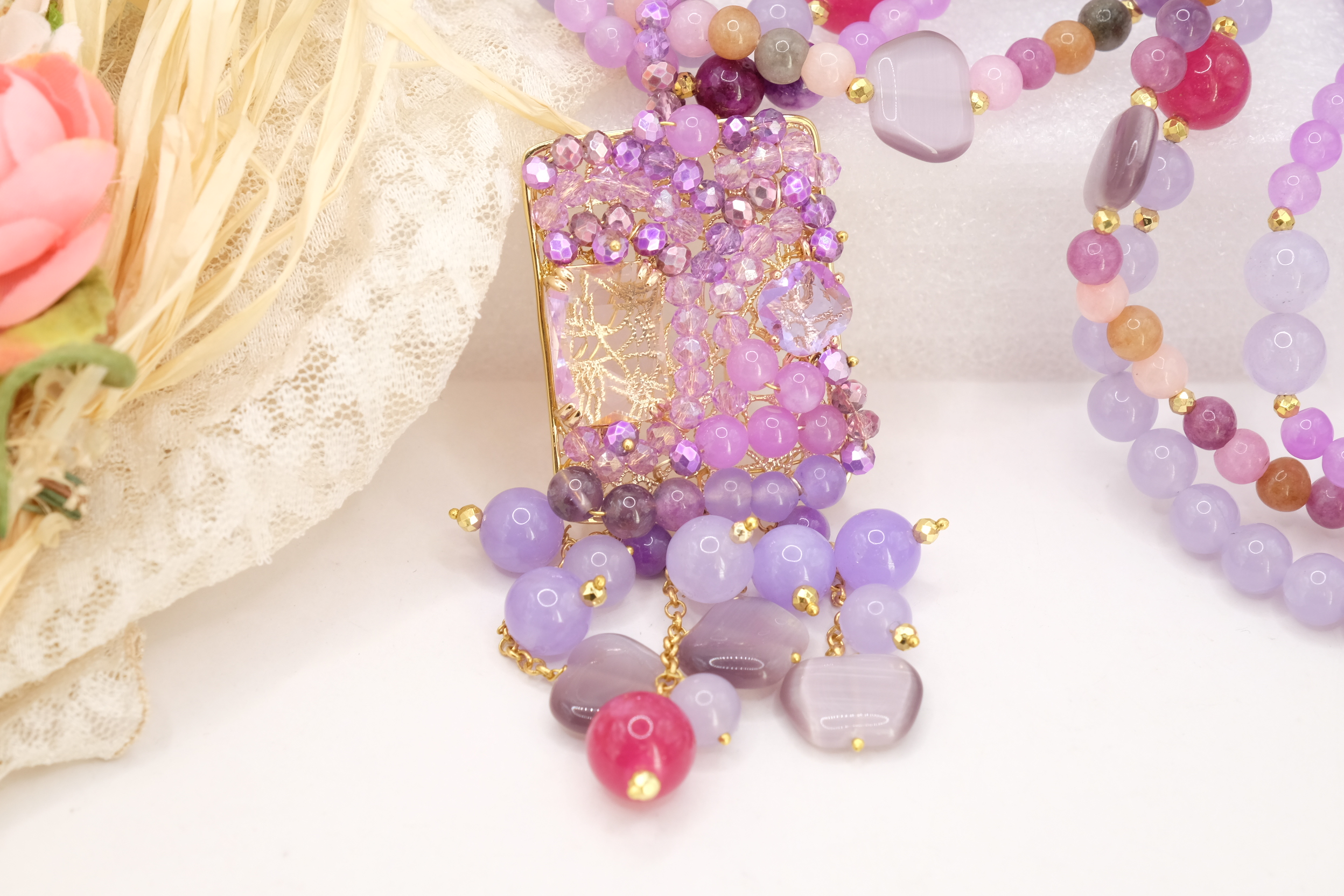 COLLANA ARTIGIANALE MULTIFILO AGATA GIADA LAVANDA OCCHIO DI GATTO CRISTALLI LILLA LAVANDA (1)